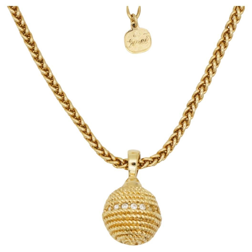Christian Dior GROSSE Vintage White Crystals Circle Ball Pendant Gold Necklace