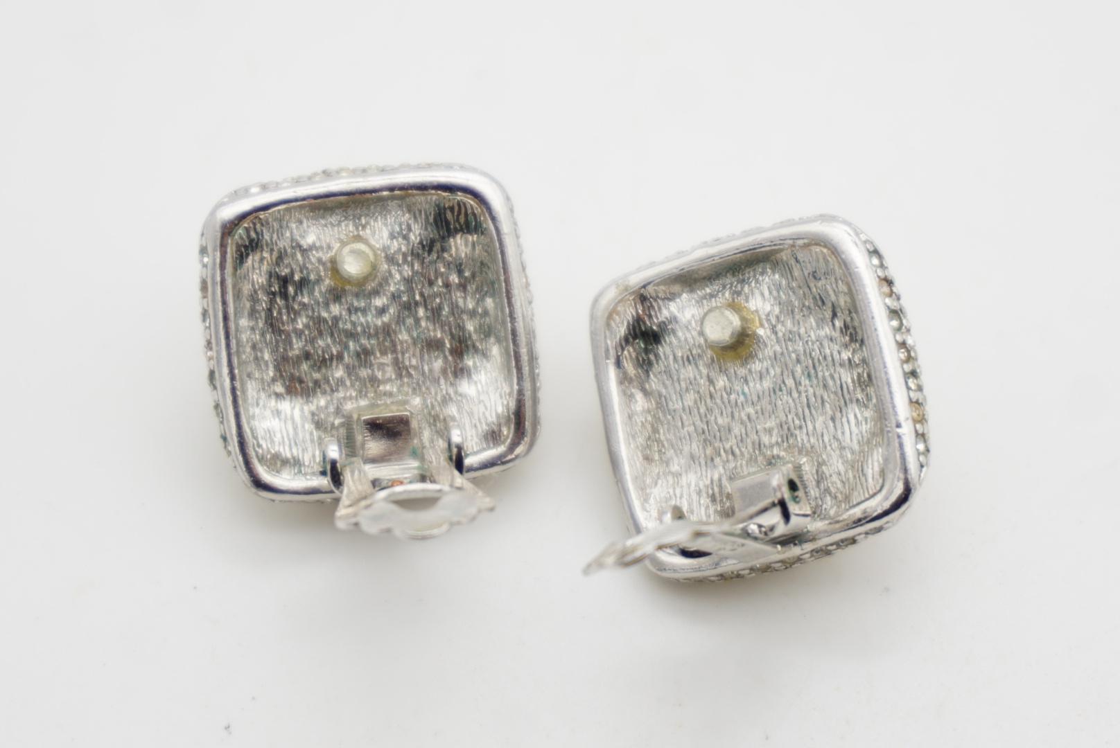 Christian Dior GROSSE Pendientes Cuadrados Perla Blanca Cristales Redondos Flor Trébol en venta 8