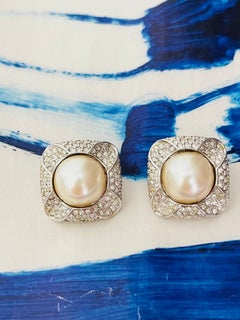 Christian Dior GROSSE White Pearl Round Crystals Flower Clover Square Earrings