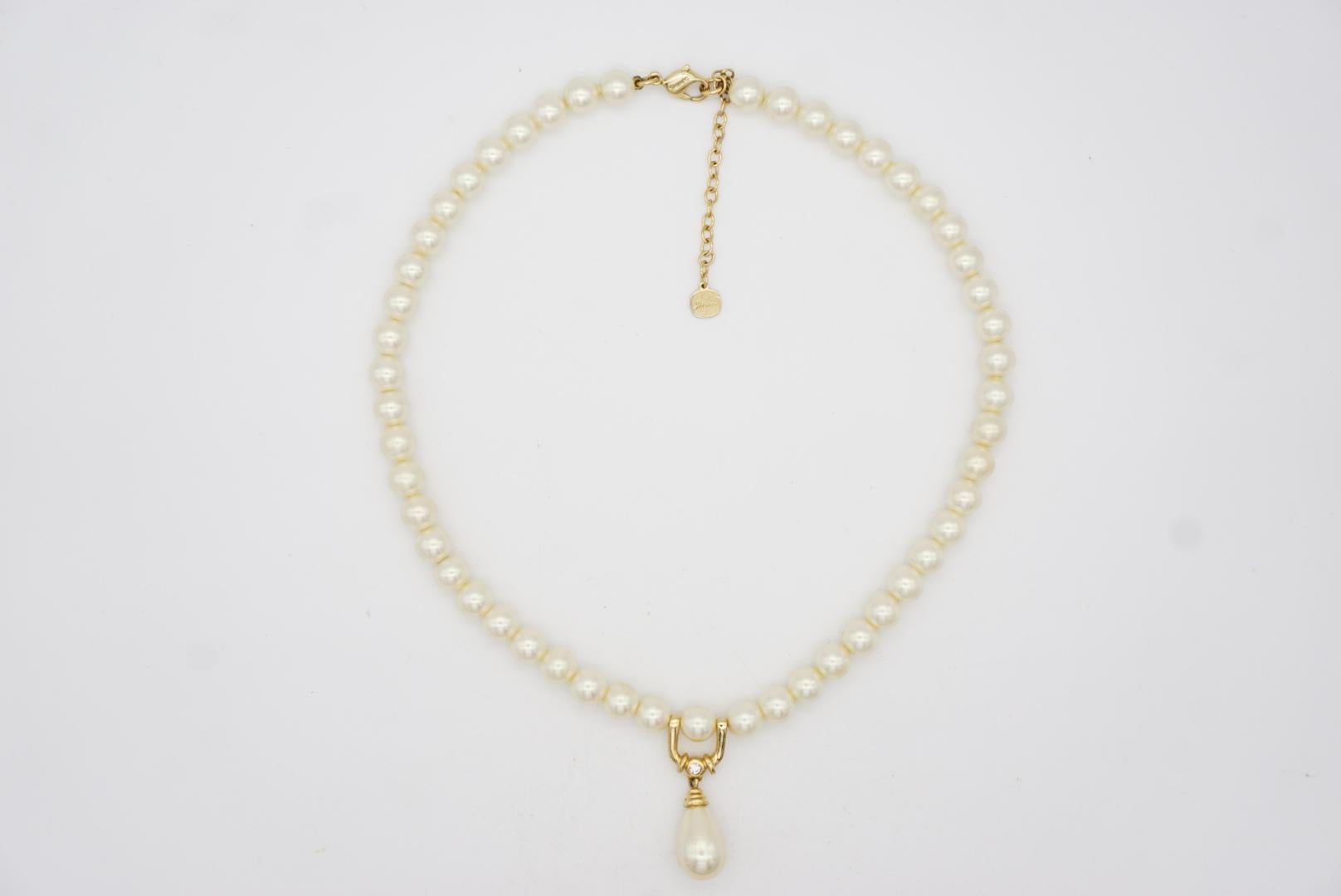 Christian Dior GROSSE White Round Pearls Water Drop Pendant Crystal Necklace 5