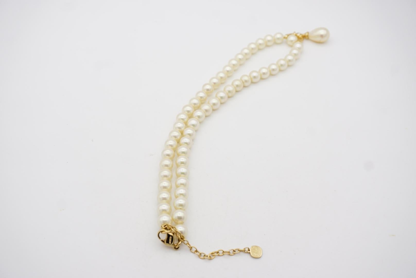 Christian Dior GROSSE White Round Pearls Water Drop Pendant Crystal Necklace 10