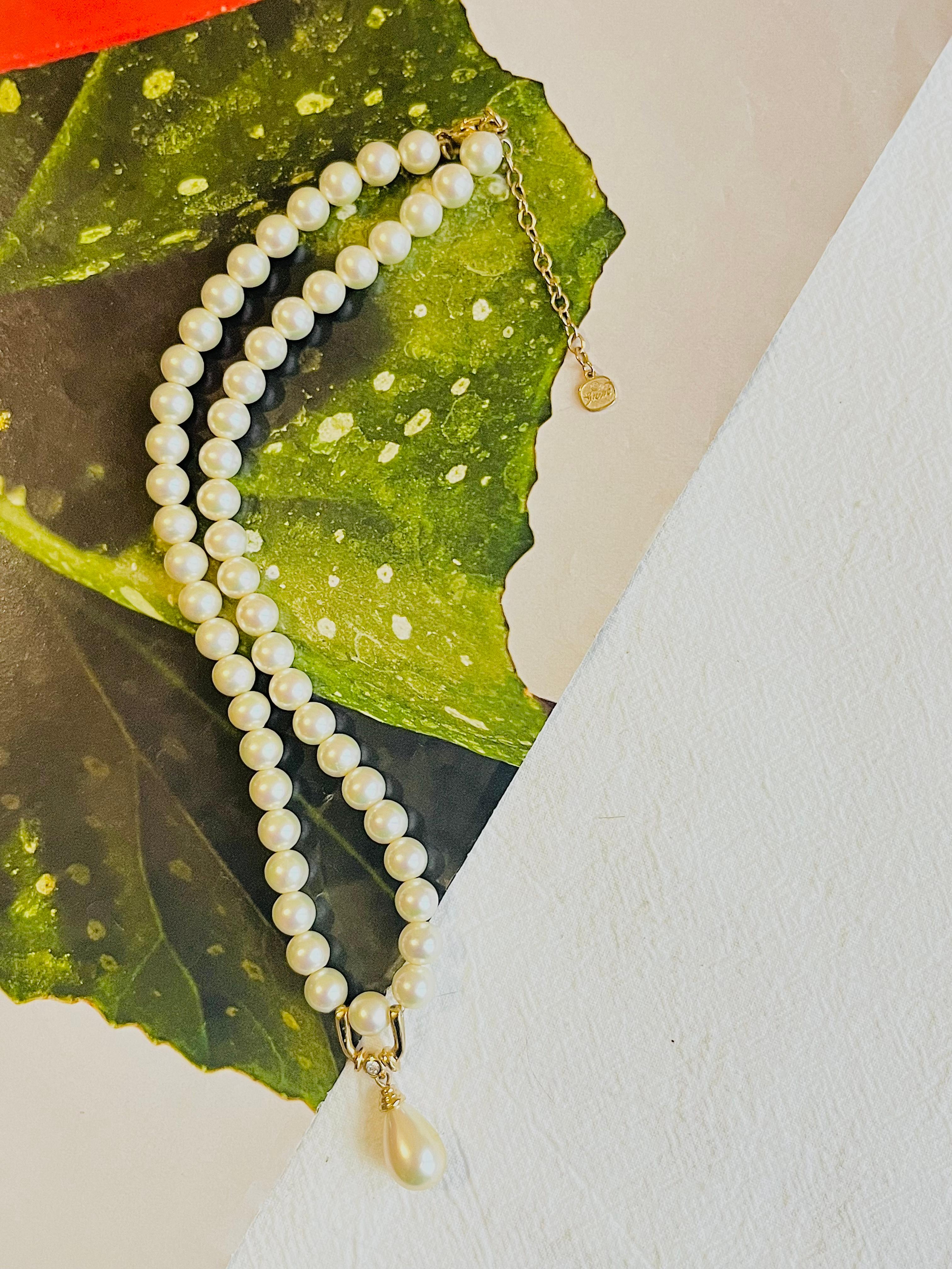 Women's or Men's Christian Dior GROSSE White Round Pearls Water Drop Pendant Crystal Necklace