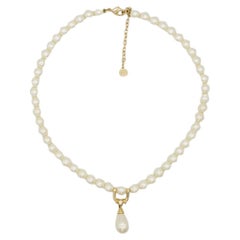 Christian Dior GROSSE White Round Pearls Water Drop Pendant Crystal Necklace