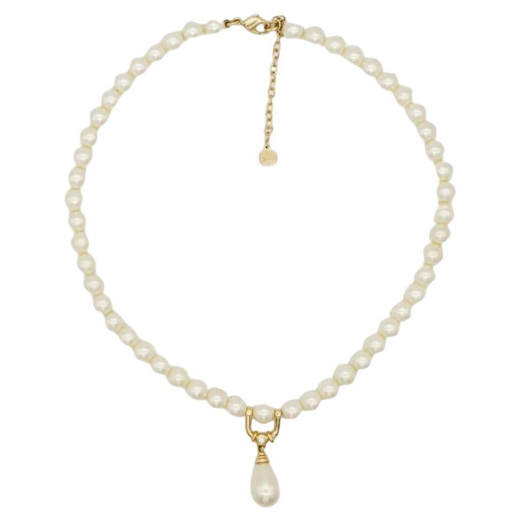 Christian Dior GROSSE White Round Pearls Water Drop Pendant Crystal Necklace For Sale