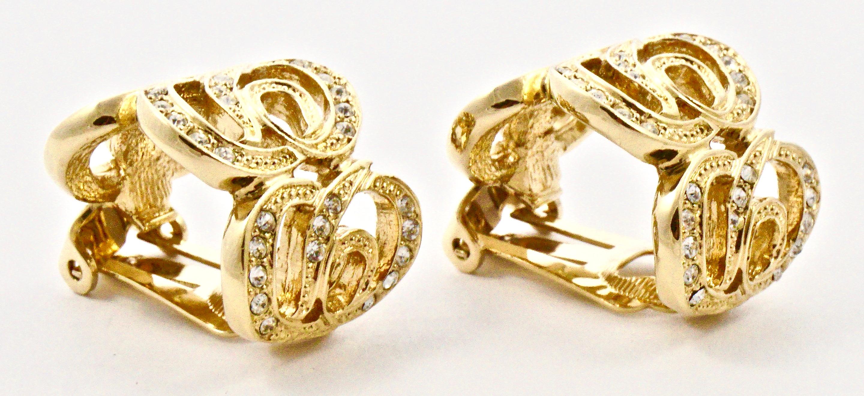 Christian Dior Half Hoop Gold Plated CD Rhinestone Clip On Earrings circa 1980s In Good Condition For Sale In London, GB