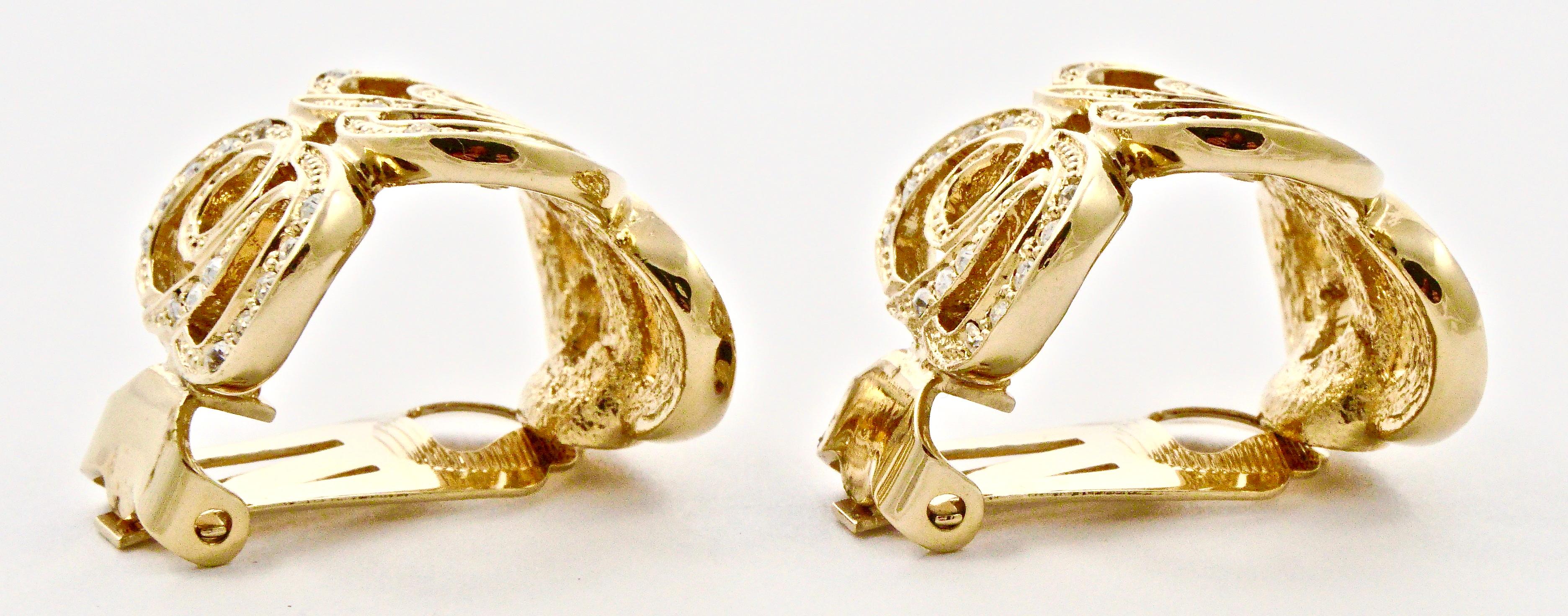 Women's or Men's Christian Dior Half Hoop Gold Plated CD Rhinestone Clip On Earrings circa 1980s For Sale