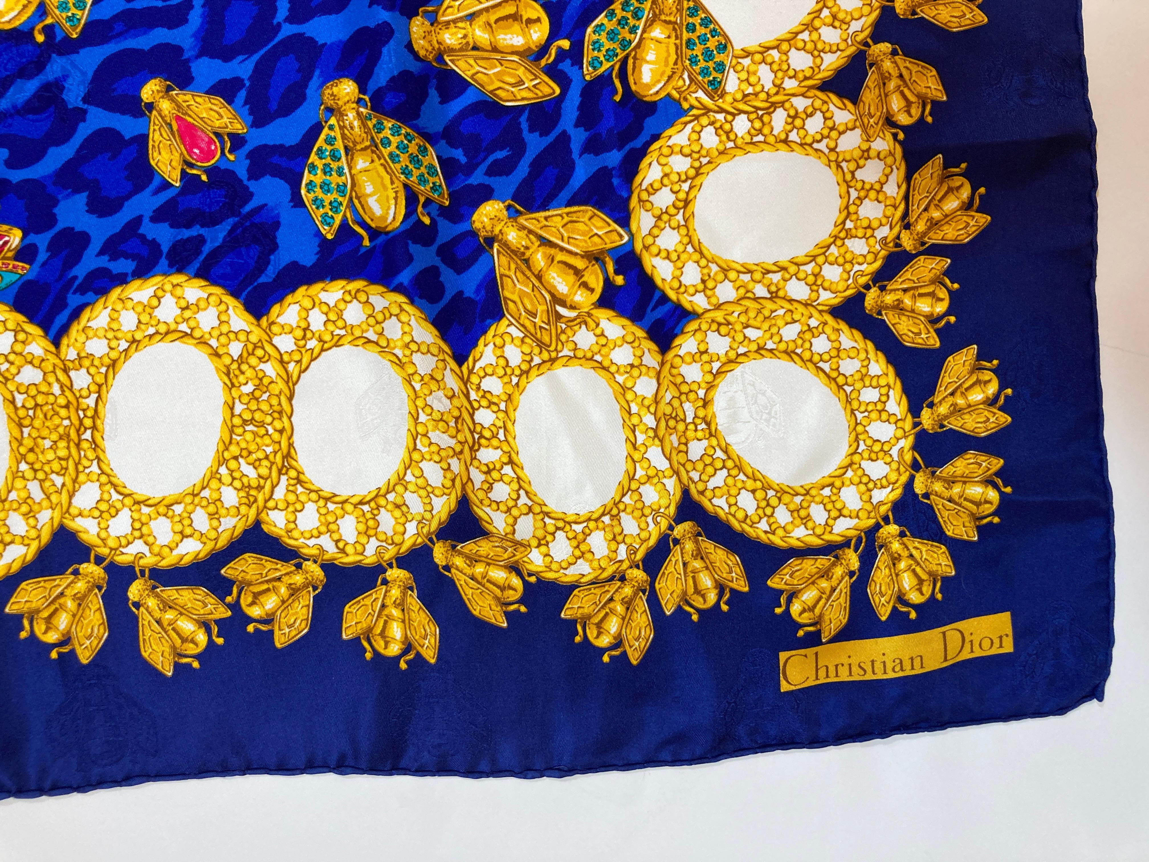 Christian Dior Hand Rolled Silk Scarf Royal Blue with Gold Bees For Sale 6