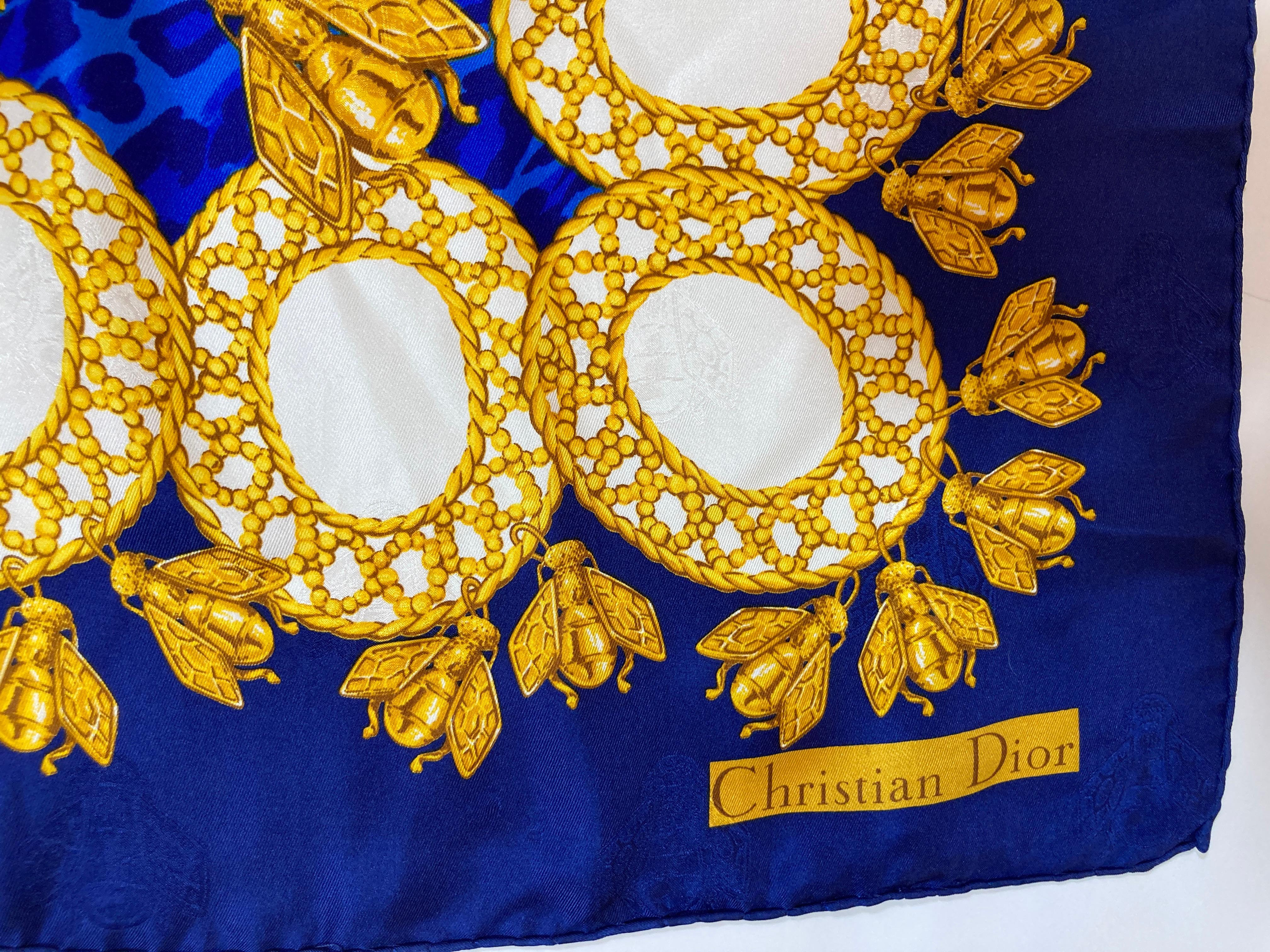 Christian Dior Hand Rolled Silk Scarf Royal Blue with Gold Bees For Sale 7