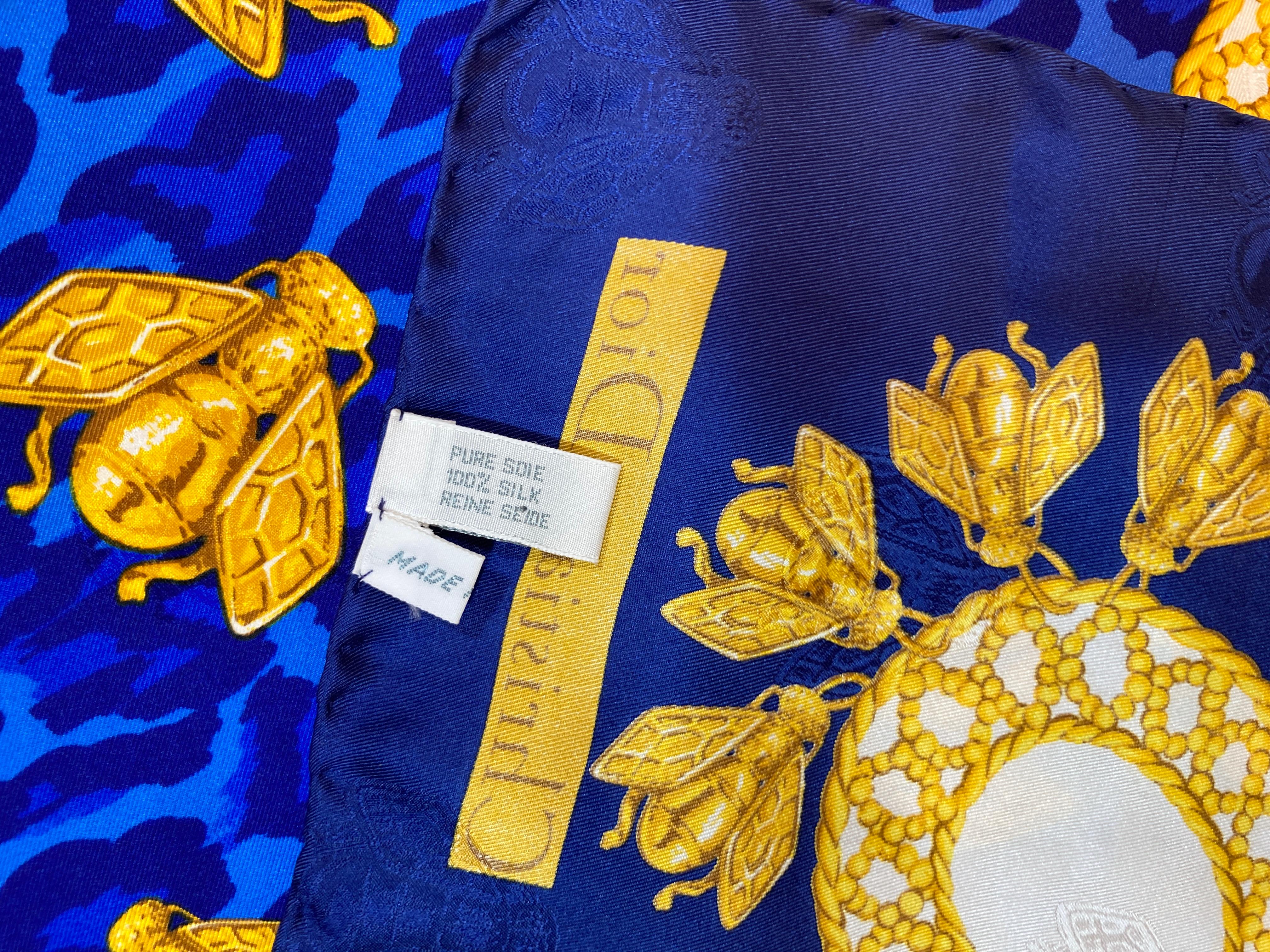Christian Dior Hand Rolled Silk Scarf Royal Blue with Gold Bees For Sale 8