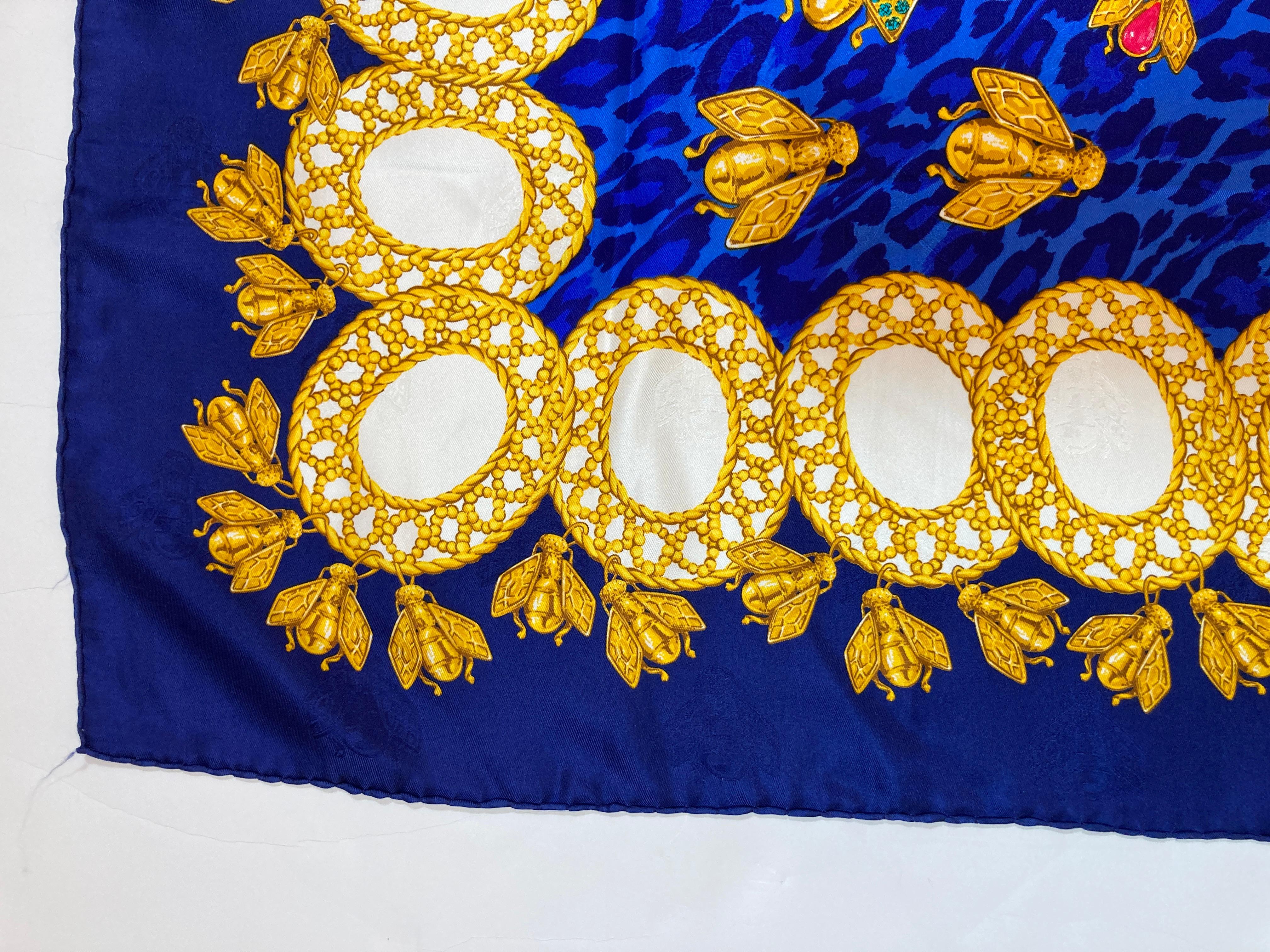 Christian Dior Hand Rolled Silk Scarf Royal Blue with Gold Bees 9