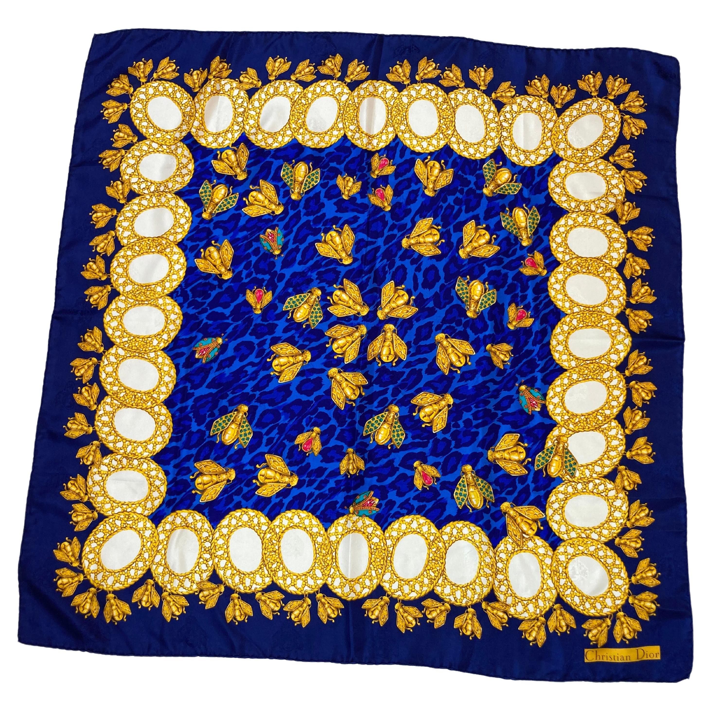 Christian Dior Hand Rolled Silk Scarf Royal Blue with Gold Bees In Good Condition For Sale In North Hollywood, CA