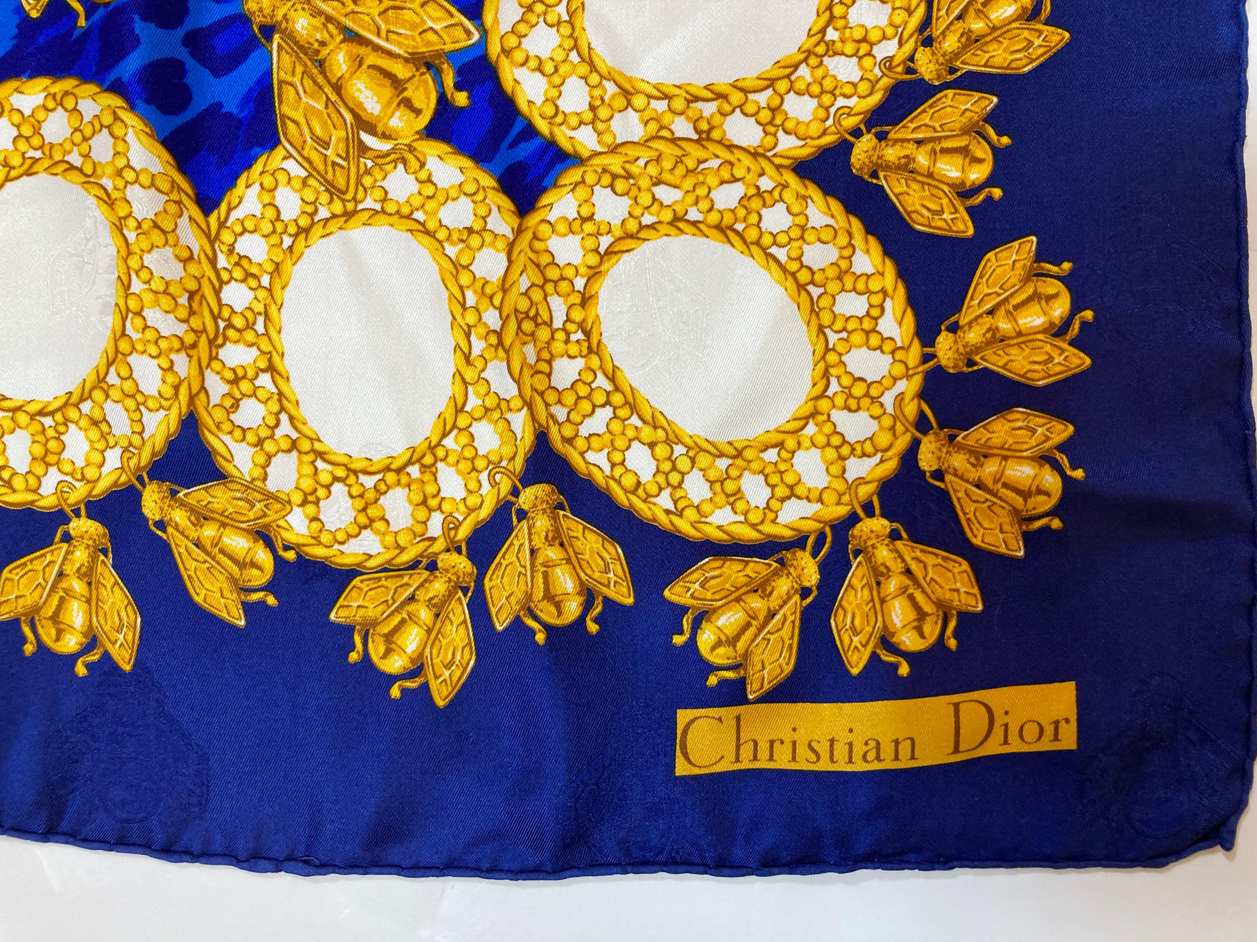 Women's or Men's Christian Dior Hand Rolled Silk Scarf Royal Blue with Gold Bees For Sale