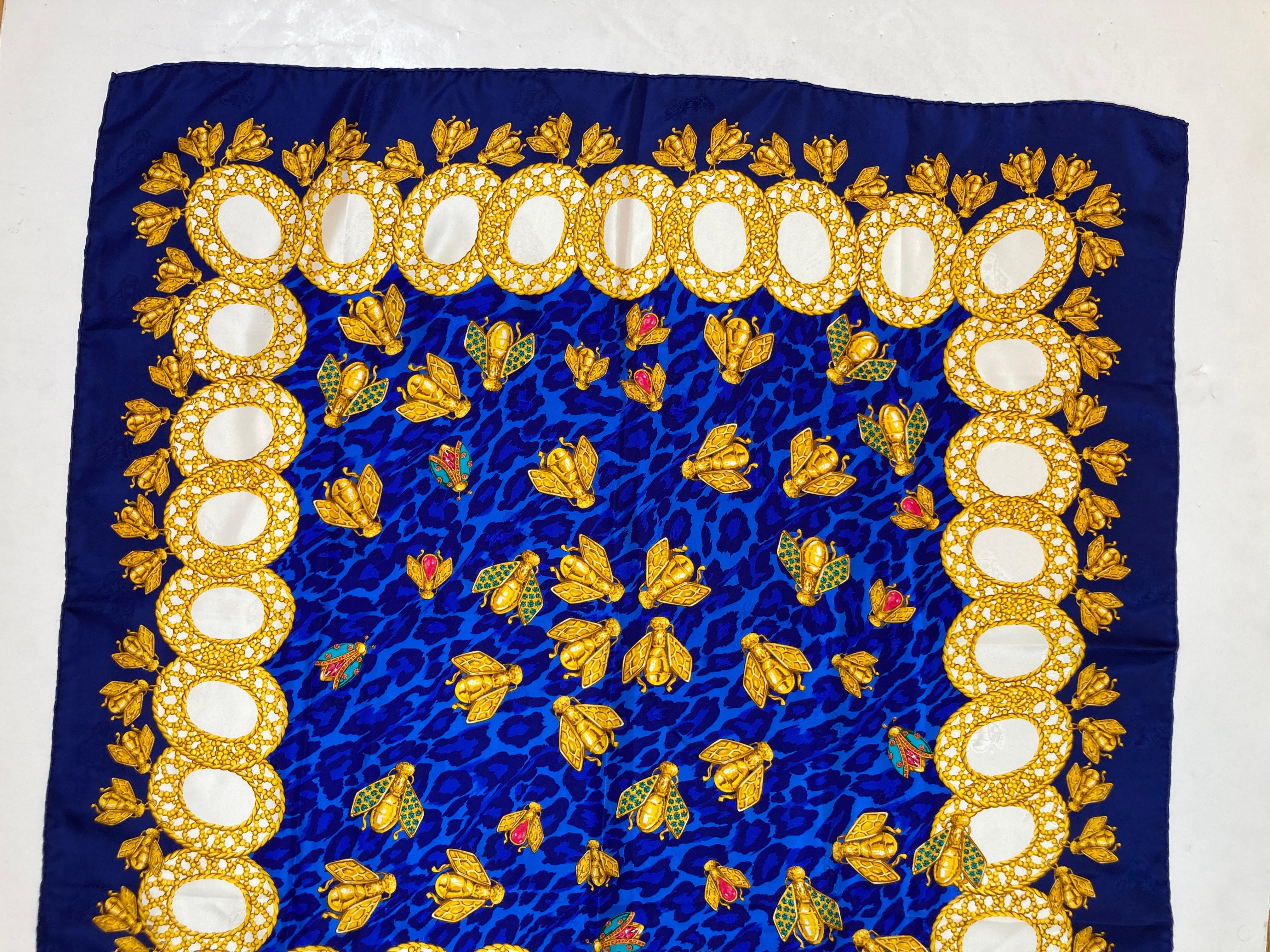 Christian Dior Hand Rolled Silk Scarf Royal Blue with Gold Bees For Sale 2
