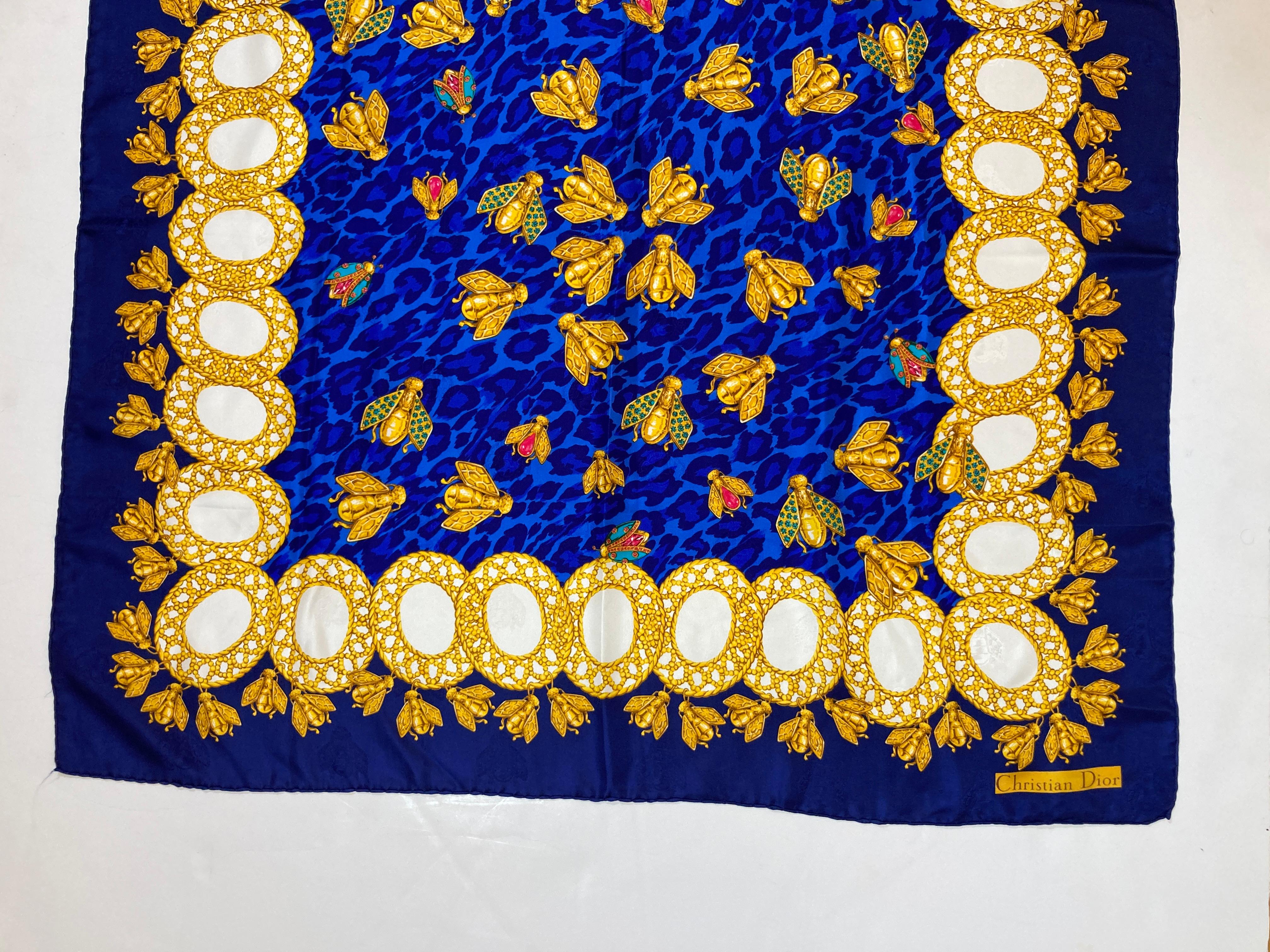 Christian Dior Hand Rolled Silk Scarf Royal Blue with Gold Bees 3