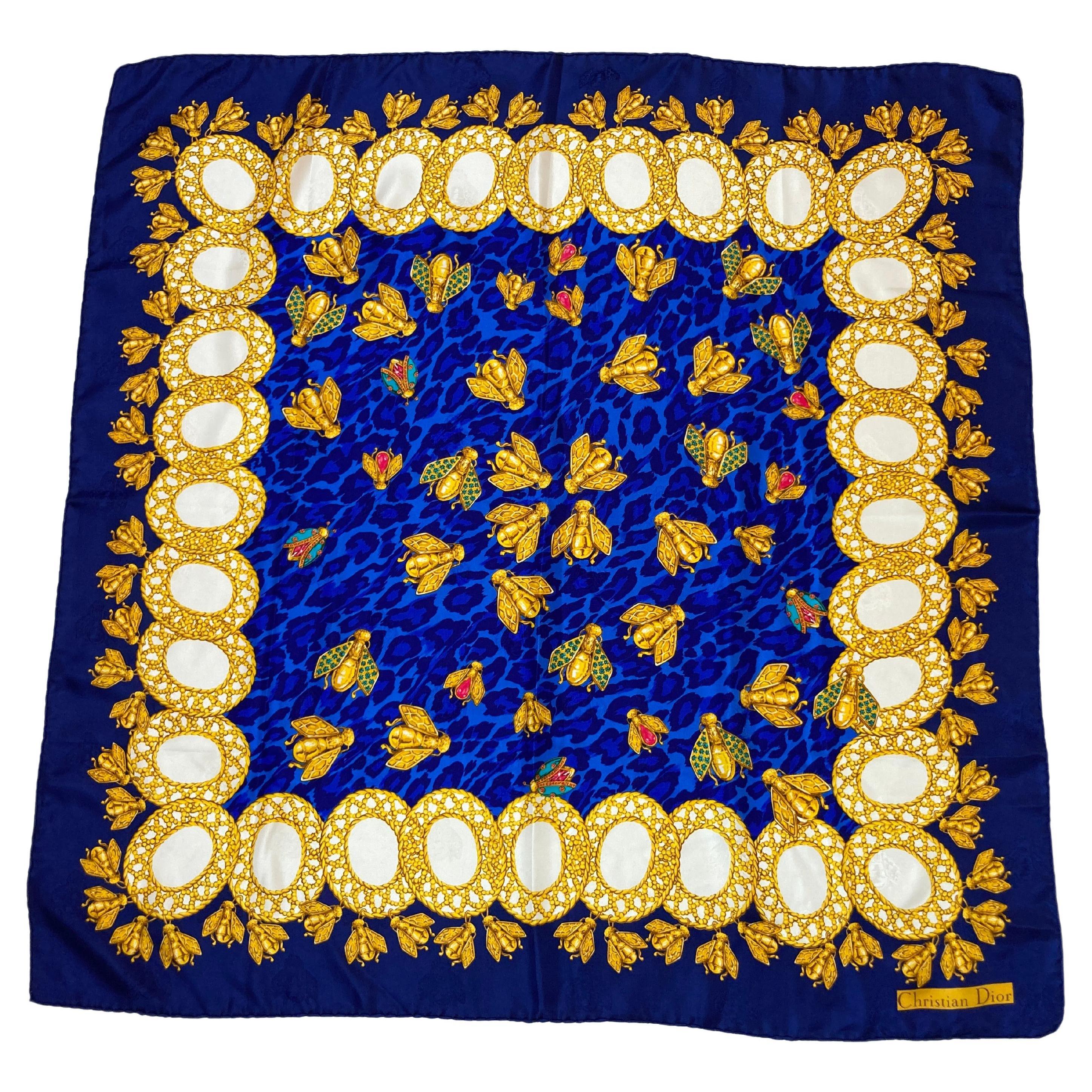 Christian Dior Hand Rolled Silk Scarf Royal Blue with Gold Bees For Sale