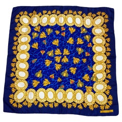 Retro Christian Dior Hand Rolled Silk Scarf Royal Blue with Gold Bees