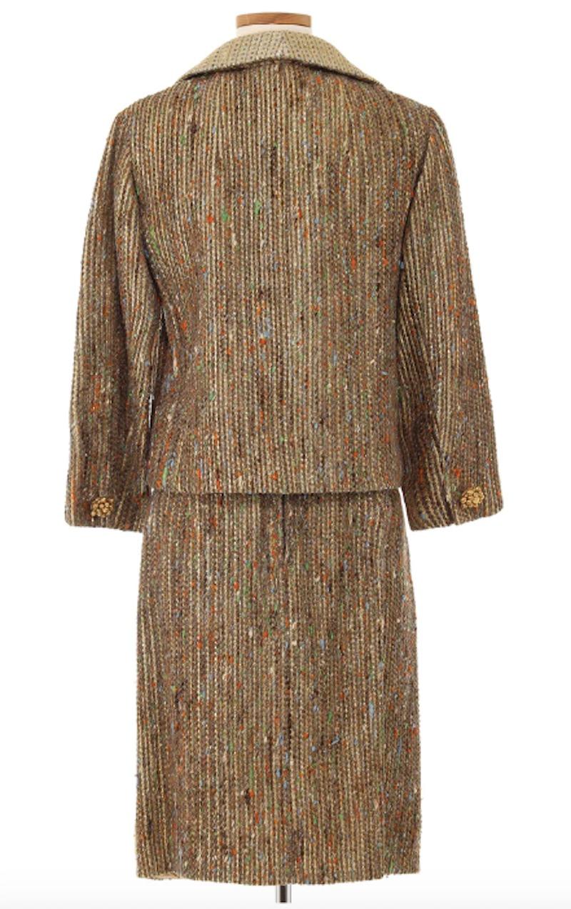 Christian Dior Haute Couture 3 Piece Gold Skirt Suit. This emsemble is an original piece dating back to the 1950s. The impeccable detail speaks for itself - the shiny gold tweed woven together with hints of color create a vibrant vision that stand