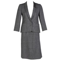 Vintage Christian Dior Haute Couture Gray Herringbone Belted Skirt Suit, 1978