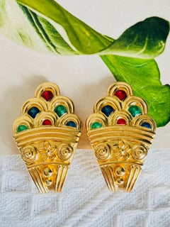 Christian Dior Haute Couture Iconic Large Green Red Navy Relief Vase Earrings