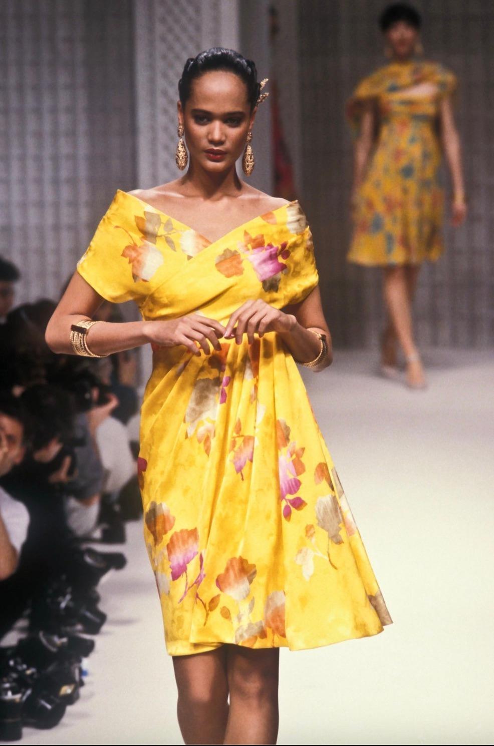 A flowing buttercup yellow damask silk mini dress by Christian Dior Haute Couture, designed under the direction of Marc Bohan for Spring/Summer 1988 collection. This exquisite piece comes from the wardrobe of HSH Princess Caroline of Monaco and was