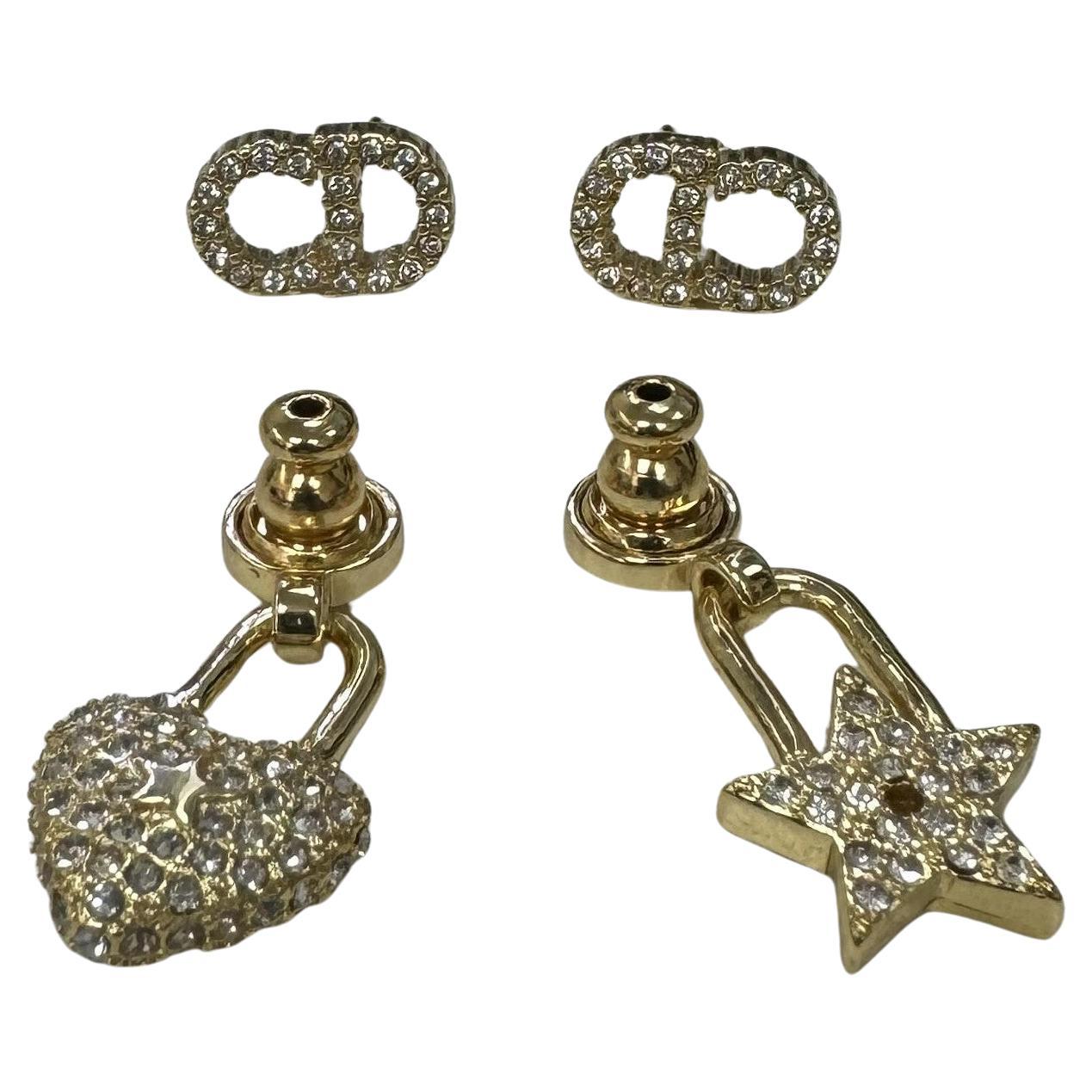 Christian Dior Heart and Star Earrings with Crystals over "CD"in Crystals For Sale