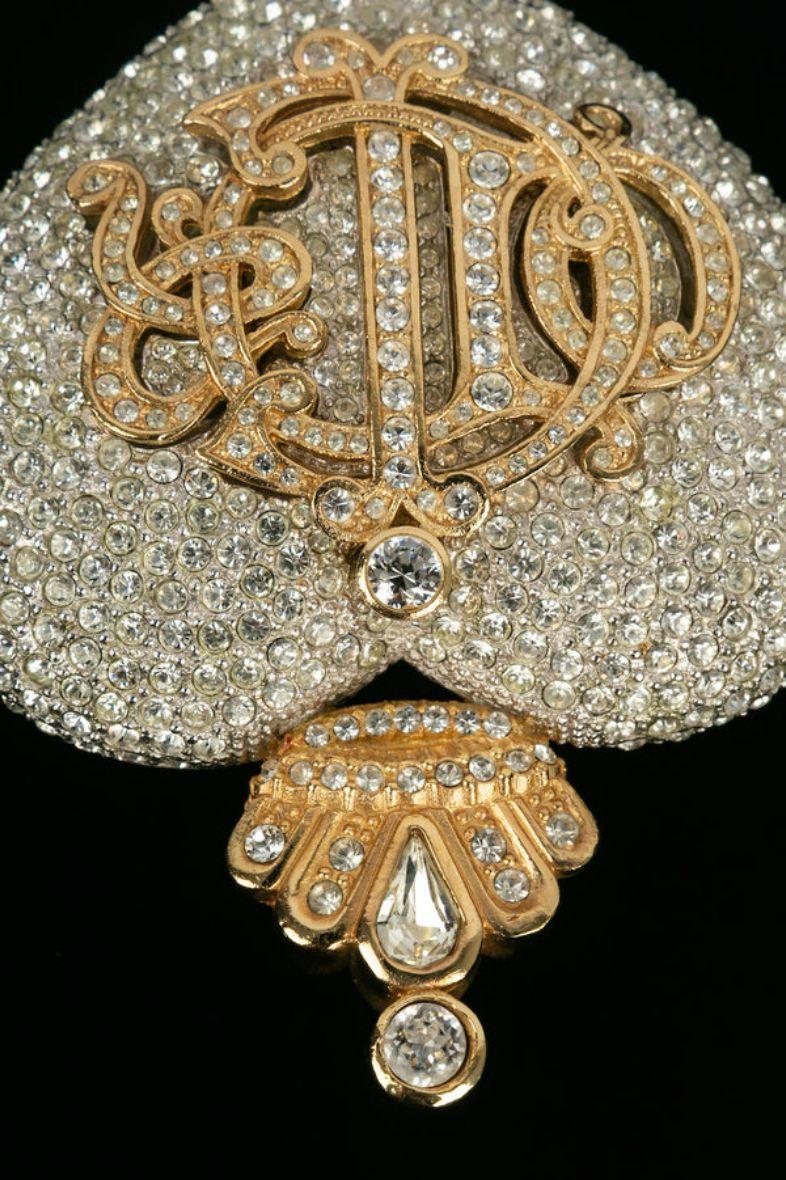 Women's or Men's Christian Dior Heart Brooch in Silver and Gold Metal Paved with Rhinestones