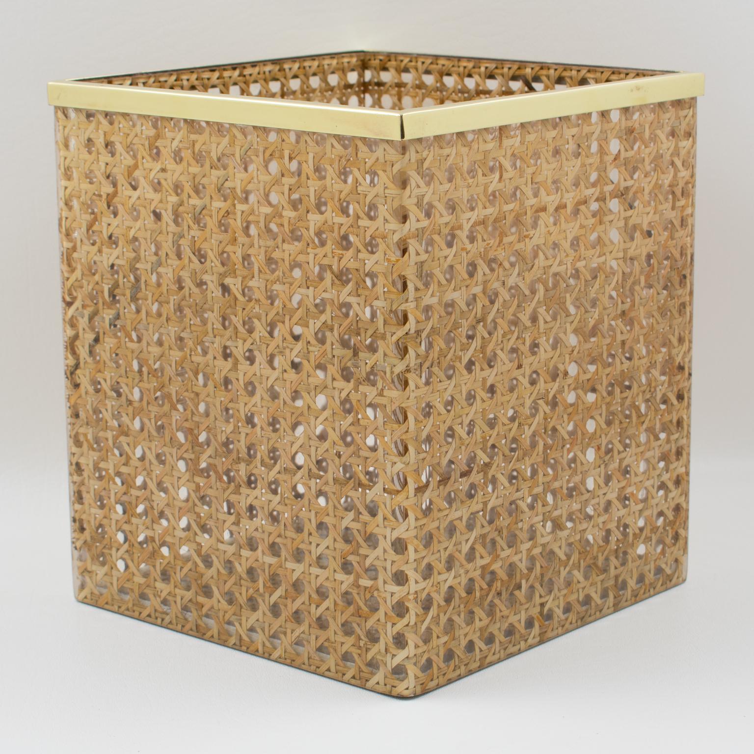 French Christian Dior Home Collection 1970s Lucite and Rattan Waste Basket