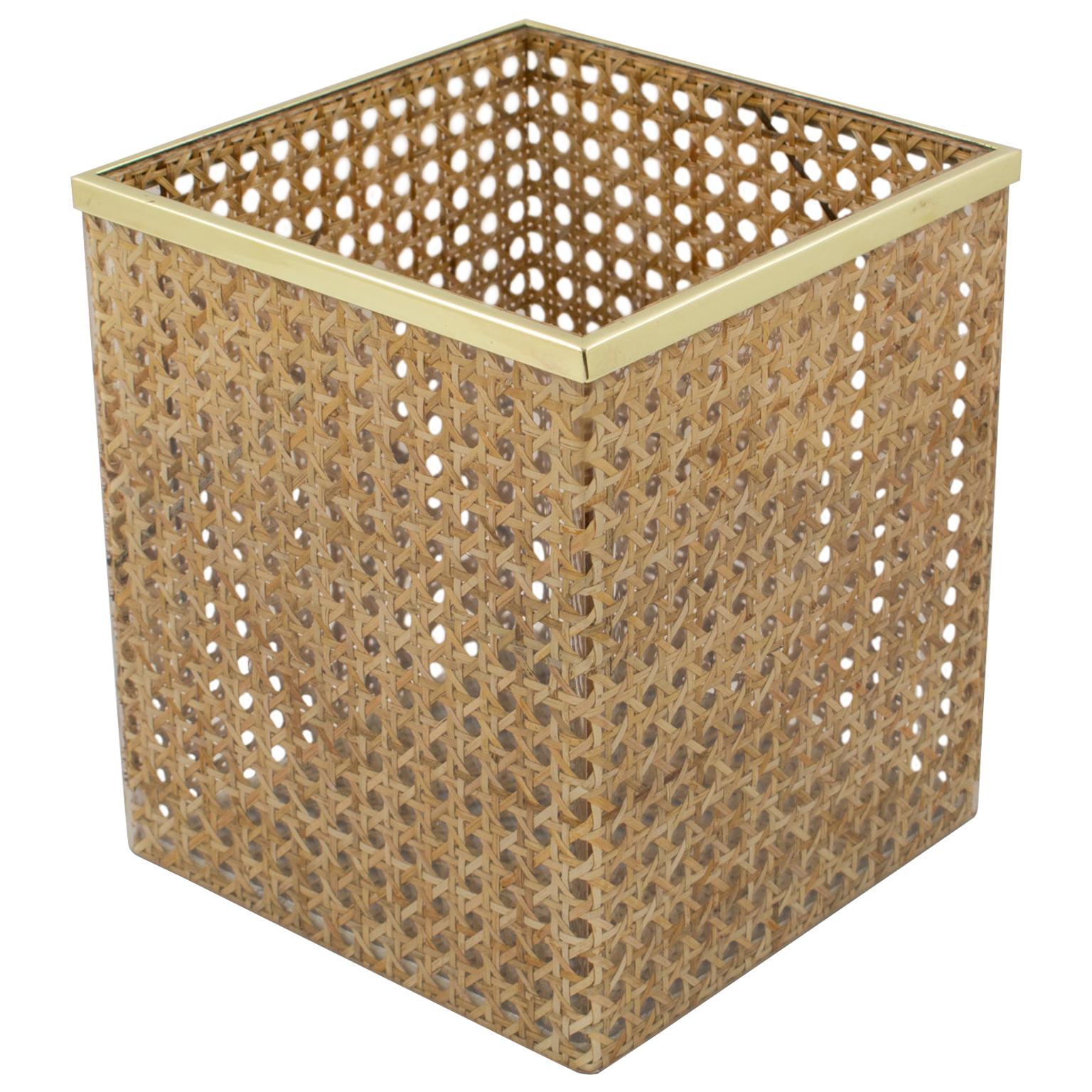 Christian Dior Home Collection 1970s Lucite and Rattan Waste Basket