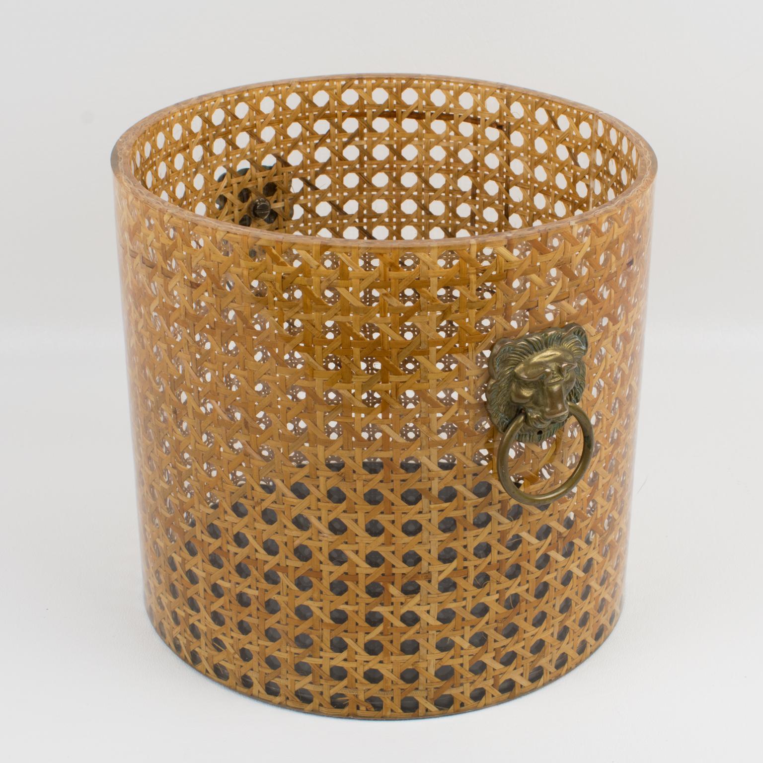 Modern Christian Dior Home Collection 1970s Lucite and Rattan Waste Basket or Planter