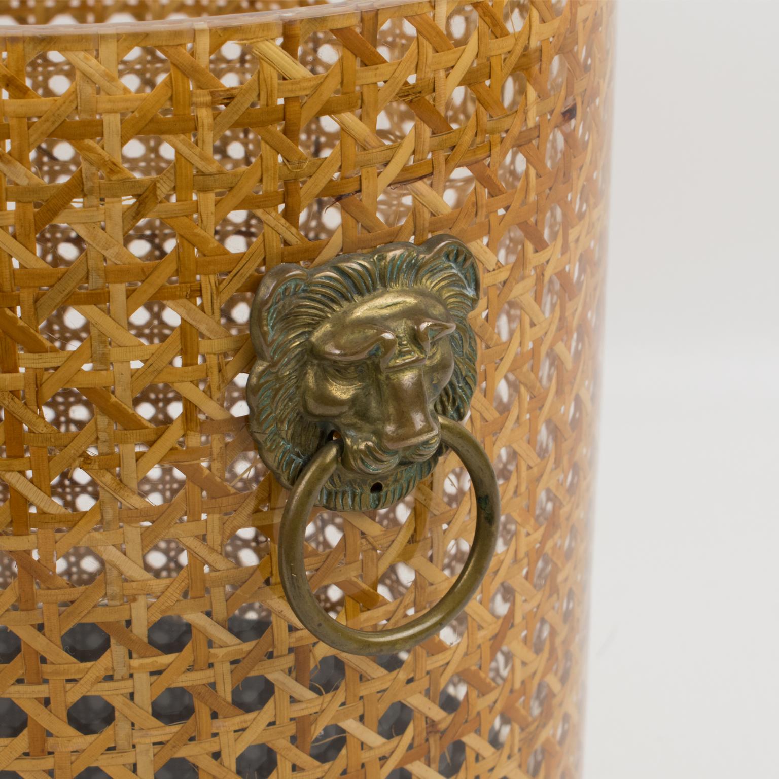 French Christian Dior Home Collection 1970s Lucite and Rattan Waste Basket or Planter