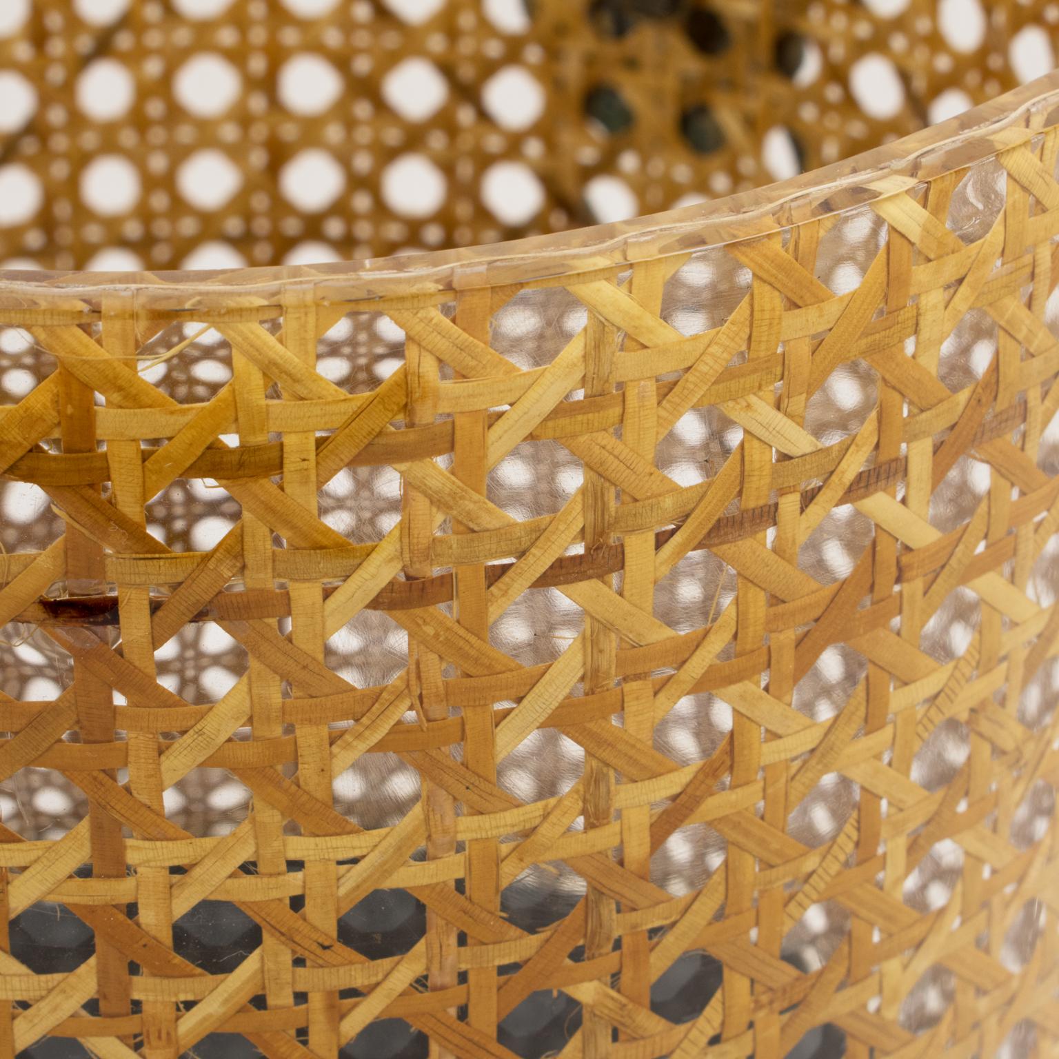 Brass Christian Dior Home Collection 1970s Lucite and Rattan Waste Basket or Planter