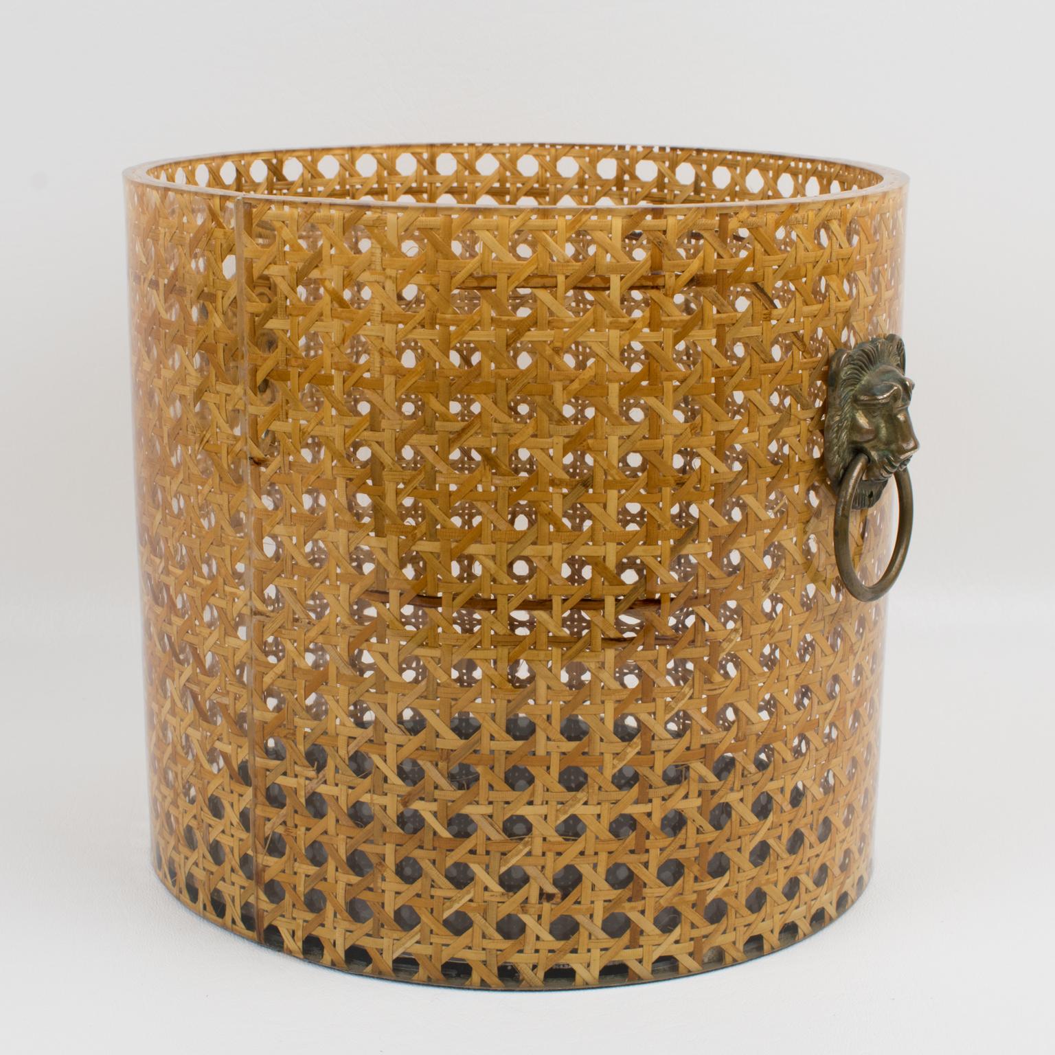 Christian Dior Home Collection 1970s Lucite and Rattan Waste Basket or Planter 1