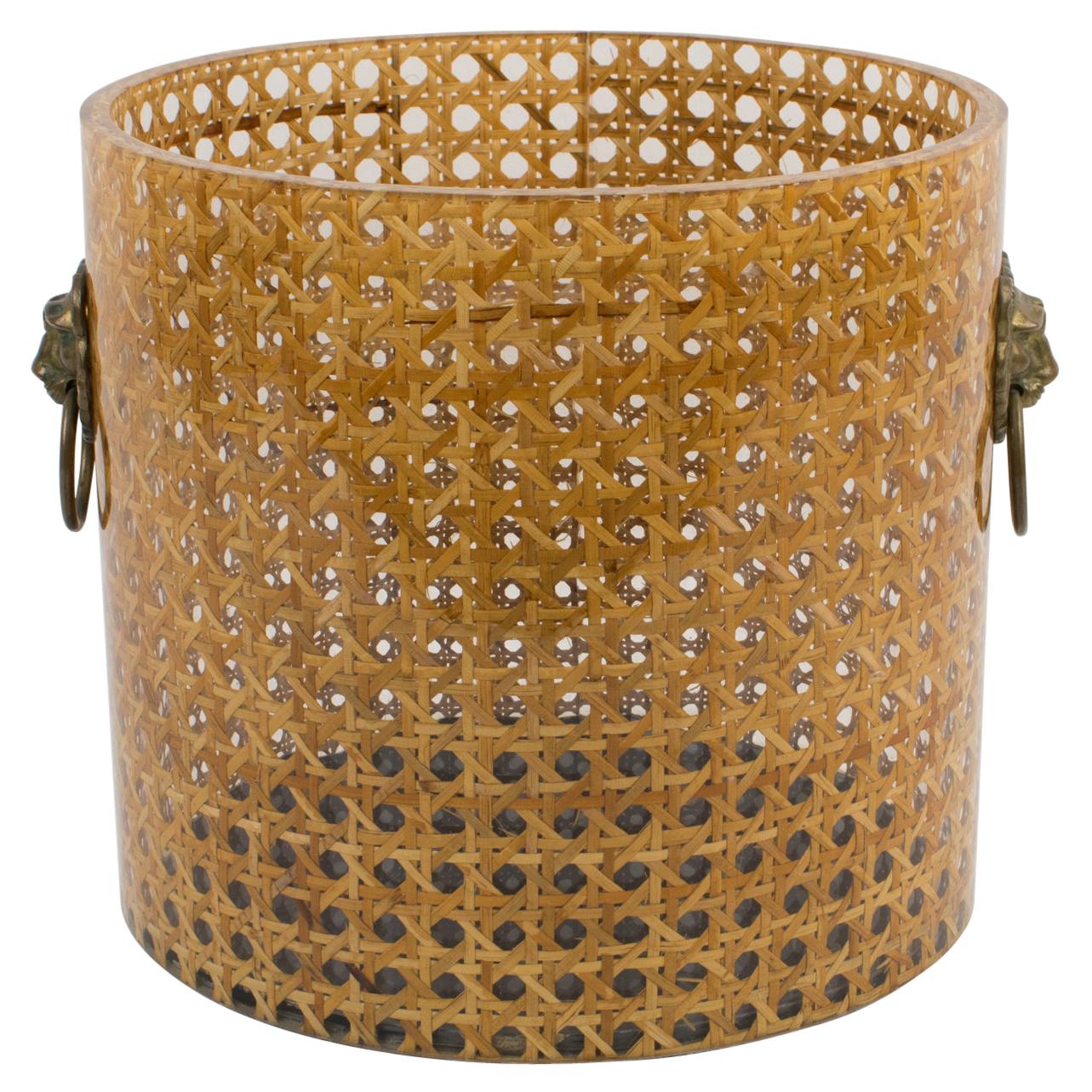 Christian Dior Home Collection 1970s Lucite and Rattan Waste Basket or Planter