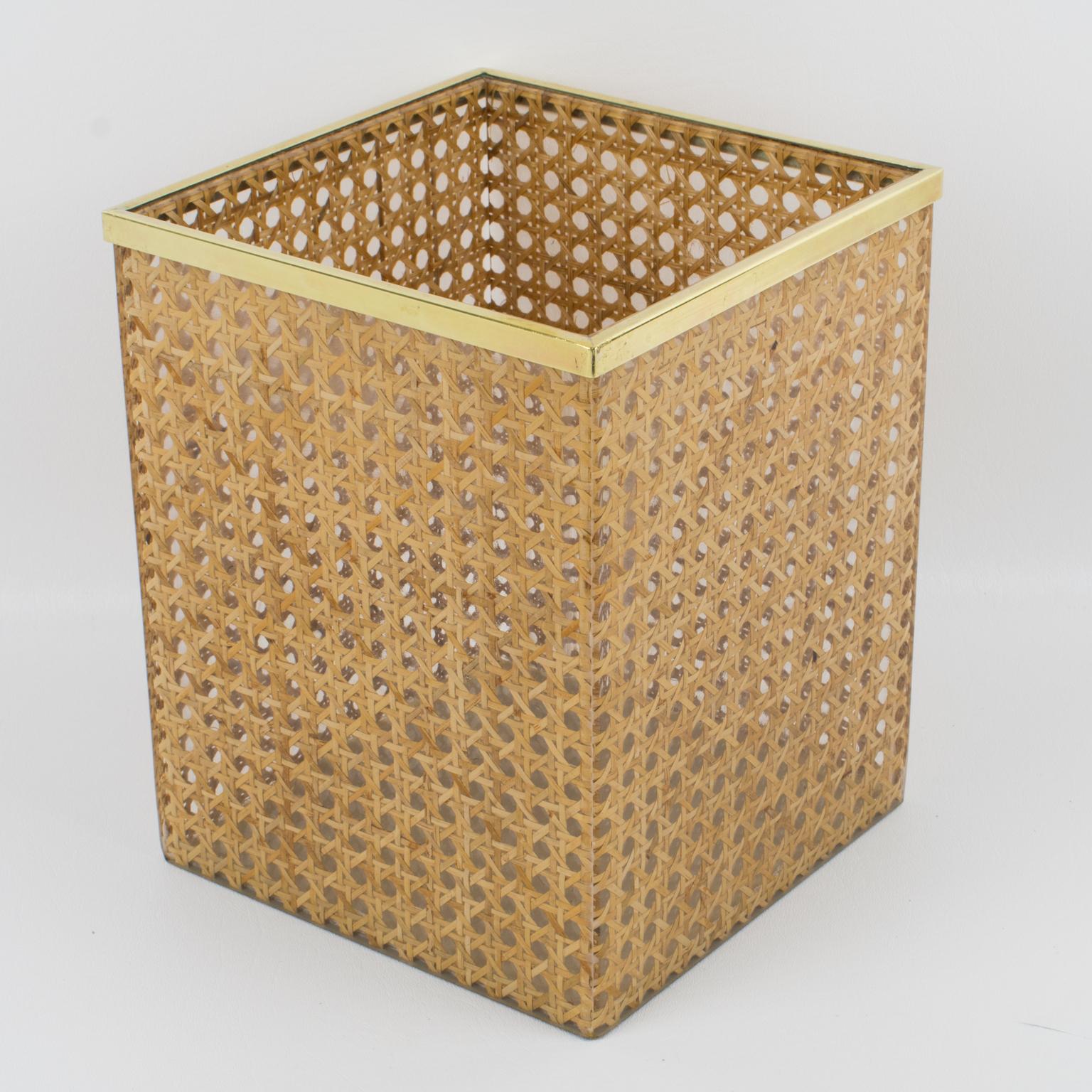 Modern Christian Dior Home Collection Lucite and Rattan WasteBasket or Planter, 1970s