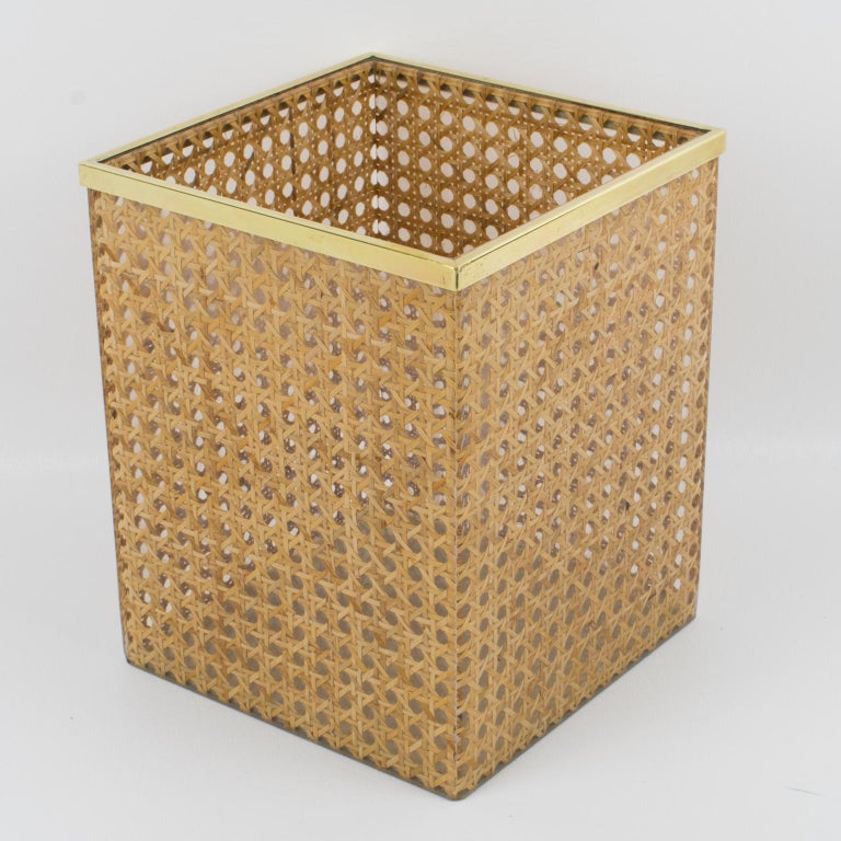 French Christian Dior Home Collection 1970s Lucite and Rattan WasteBasket or Planter For Sale