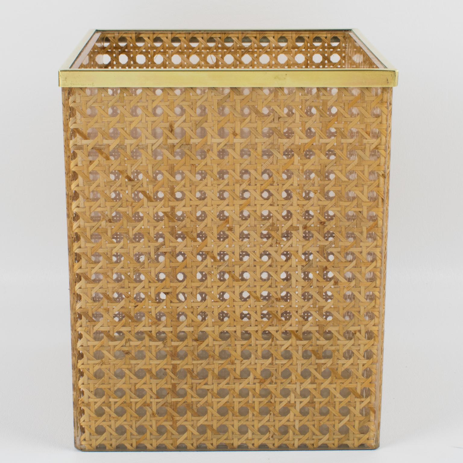 French Christian Dior Home Collection Lucite and Rattan WasteBasket or Planter, 1970s