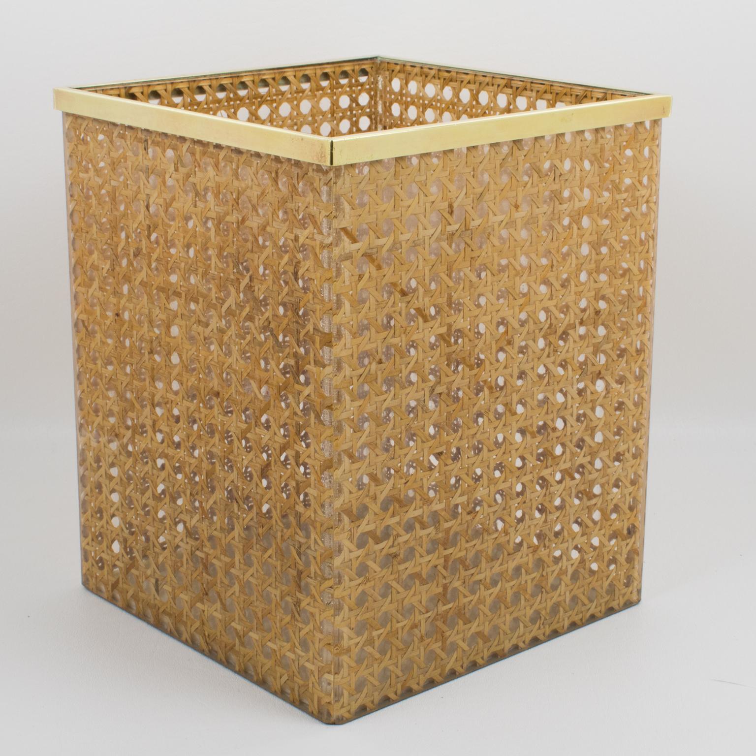 Christian Dior Home Collection Lucite and Rattan WasteBasket or Planter, 1970s In Good Condition In Atlanta, GA