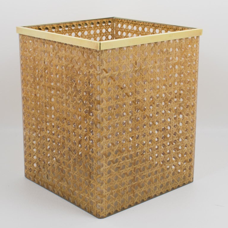 Late 20th Century Christian Dior Home Collection 1970s Lucite and Rattan WasteBasket or Planter For Sale
