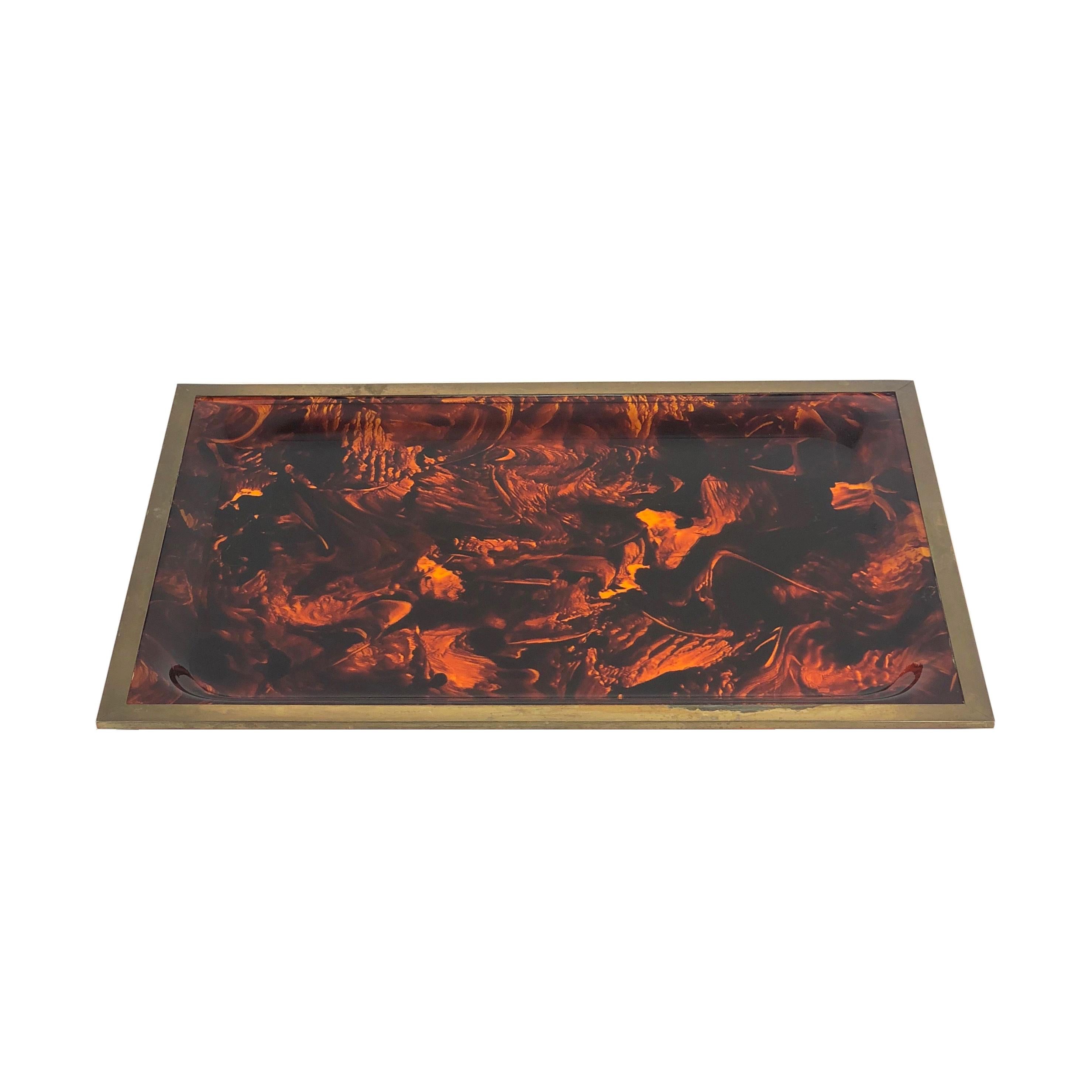 Stunning Mid-Century Modernist barware serving tray platter for Christian Dior Home collection. Large rectangular shape with Lucite in faux tortoiseshell pattern and color and brass metal border.
