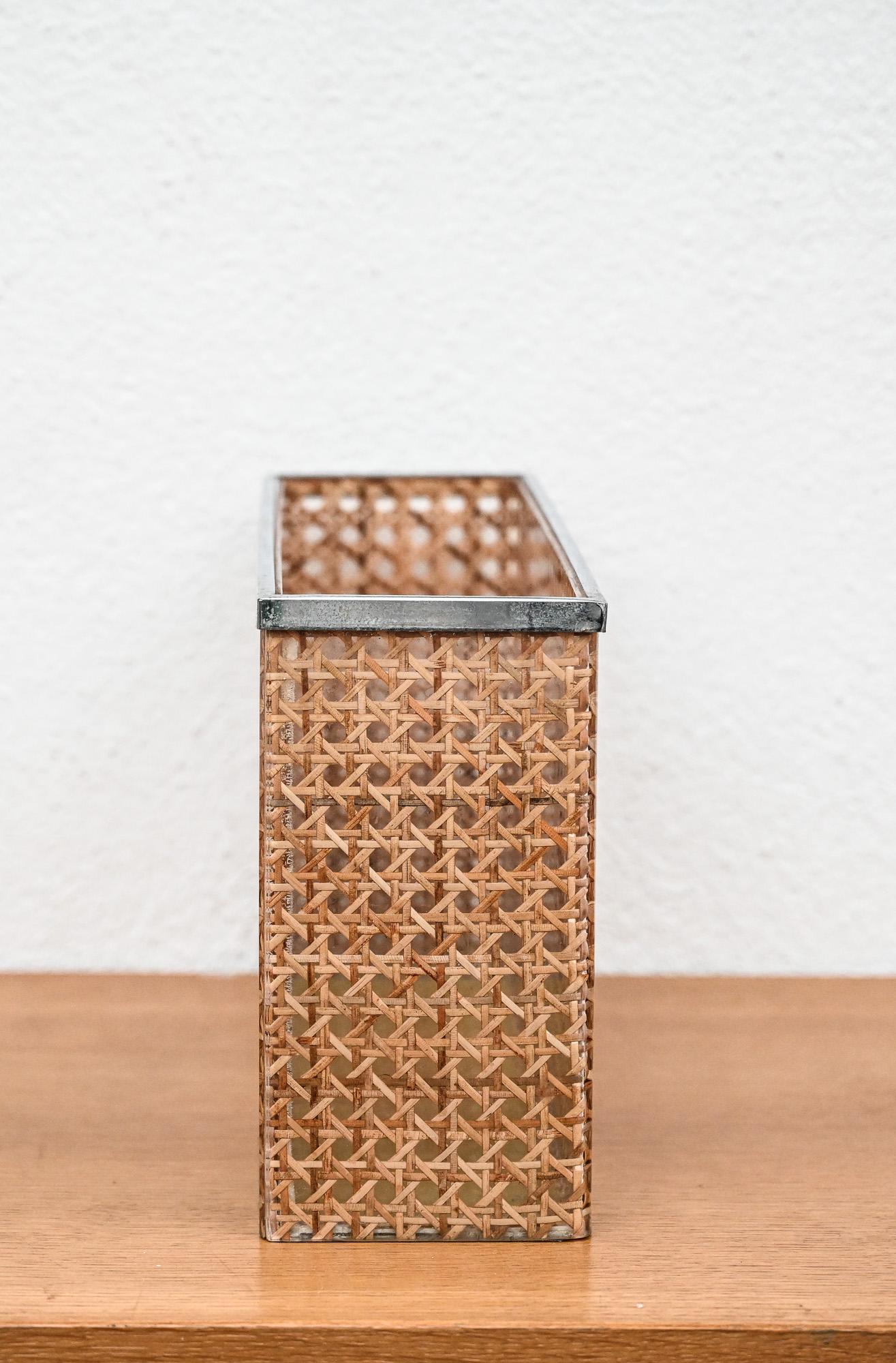 Mid-Century Modern Christian Dior home lucite and cane rectangular basket/magazine holder For Sale
