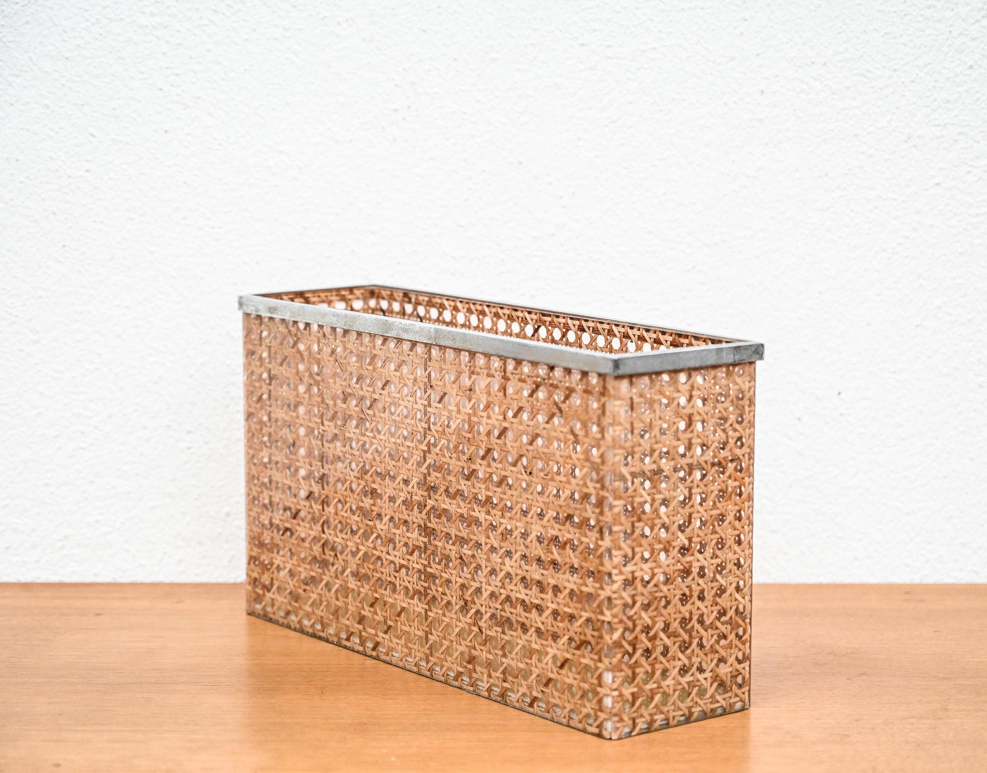Italian Christian Dior home lucite and cane rectangular basket/magazine holder For Sale