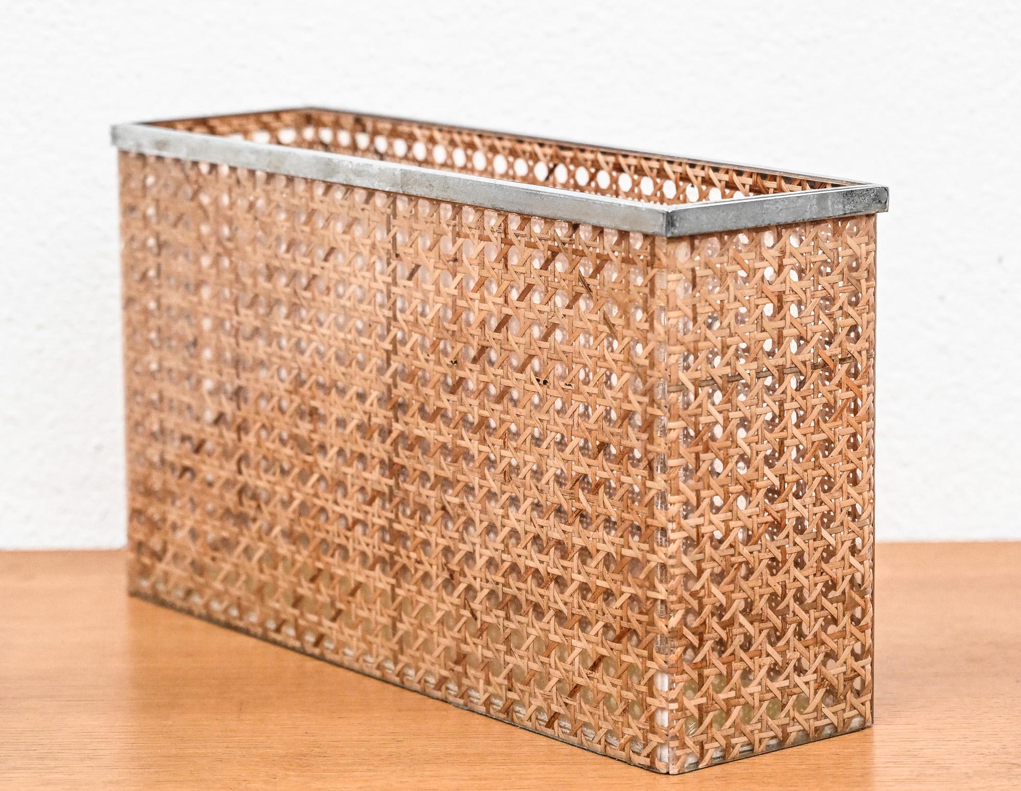 Silver Plate Christian Dior home lucite and cane rectangular basket/magazine holder For Sale