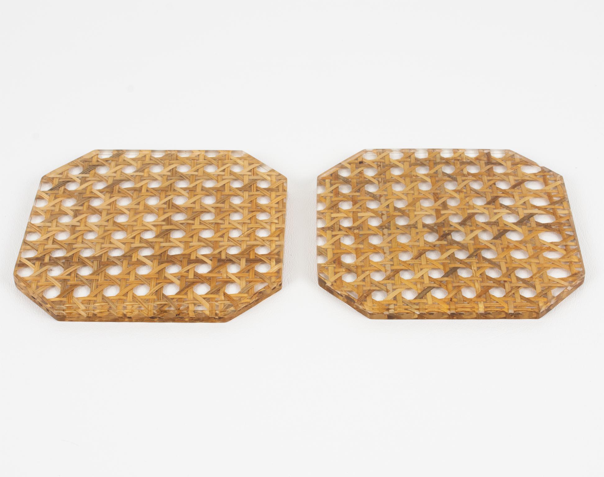 Modern Christian Dior Home Lucite and Rattan Barware Wine Coasters For Sale