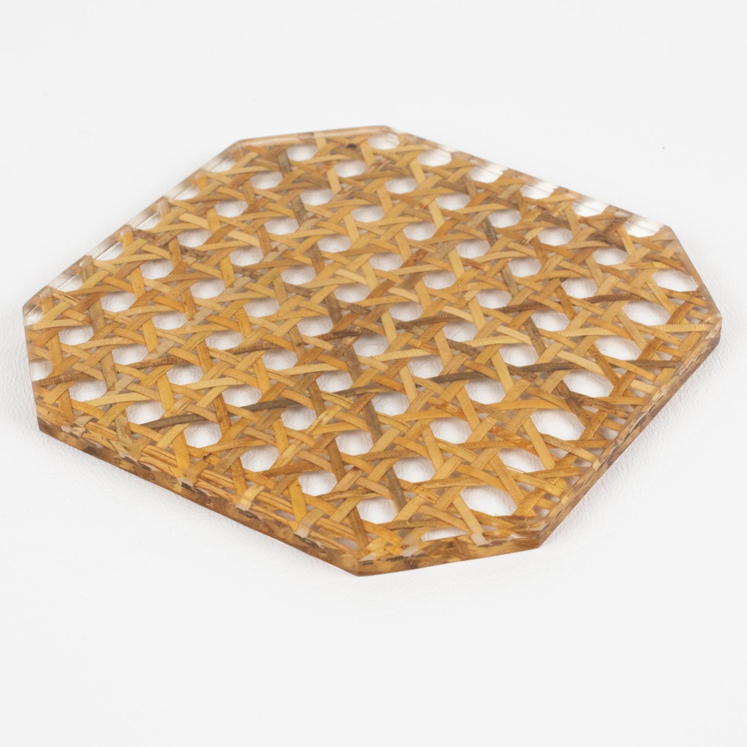 French Christian Dior Home Lucite and Rattan Barware Wine Coasters For Sale