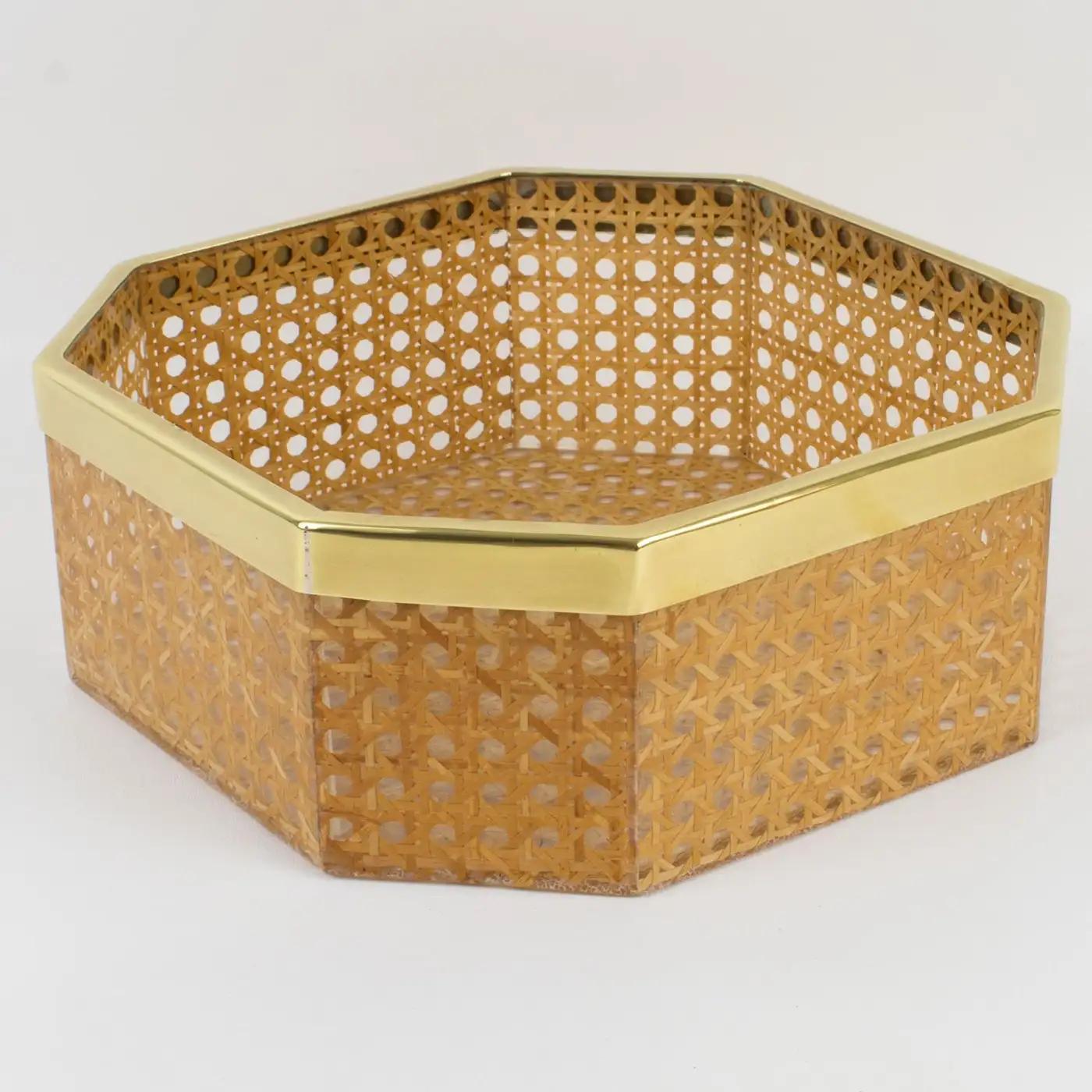 Modern Christian Dior Home Lucite and Rattan Basket Bowl Centerpiece, 1970s For Sale