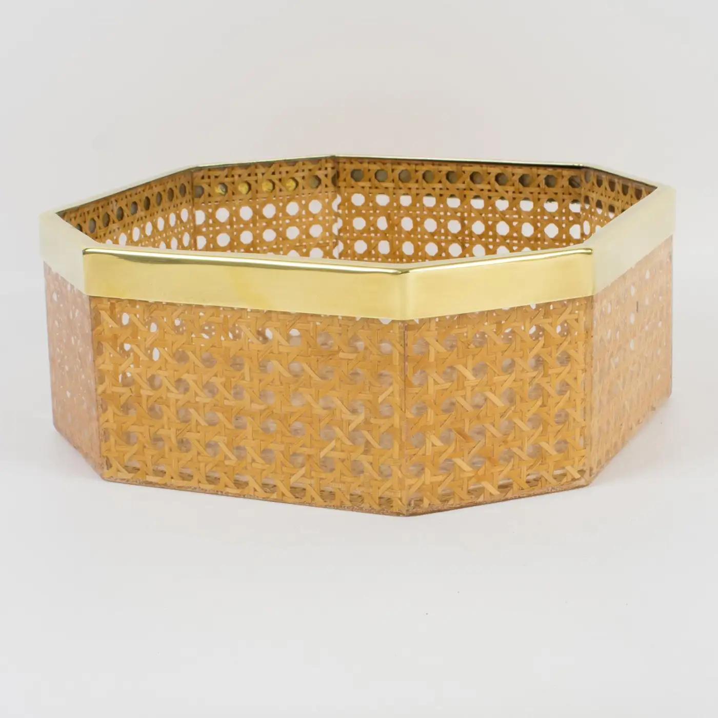 Christian Dior Home Lucite and Rattan Basket Bowl Centerpiece, 1970s In Excellent Condition For Sale In Atlanta, GA