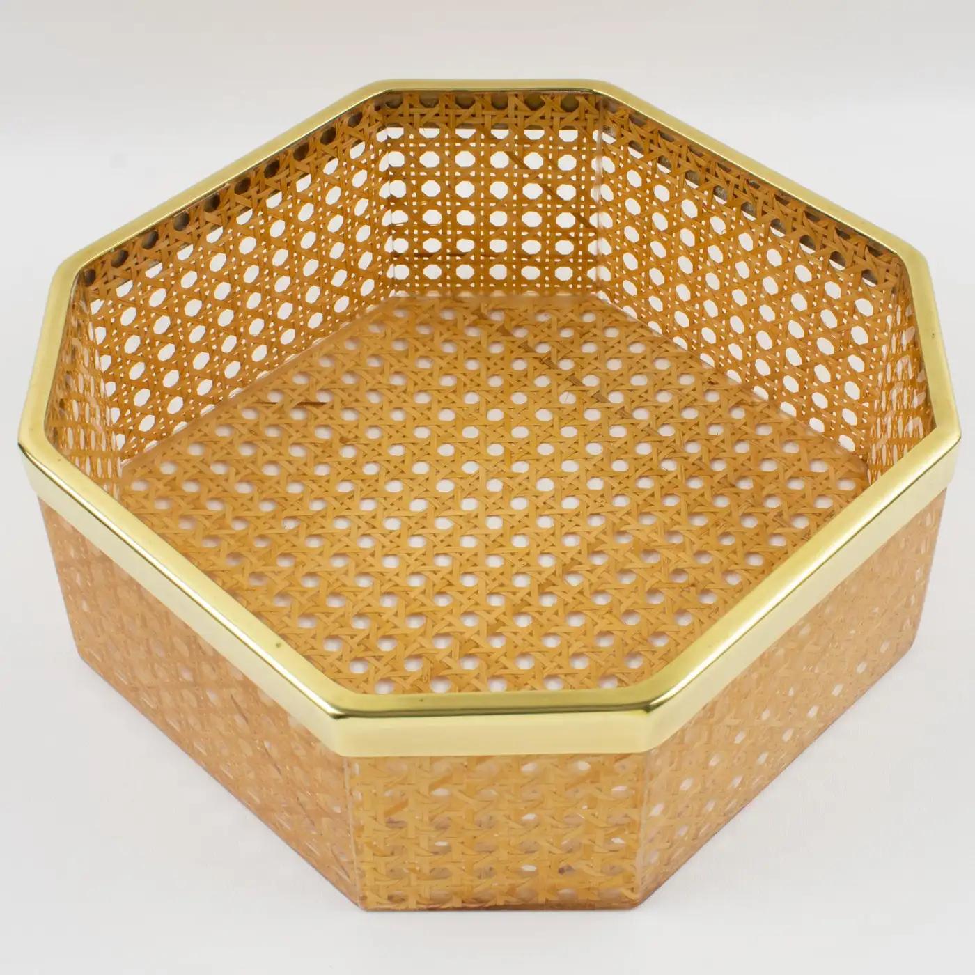 Metal Christian Dior Home Lucite and Rattan Basket Bowl Centerpiece, 1970s For Sale