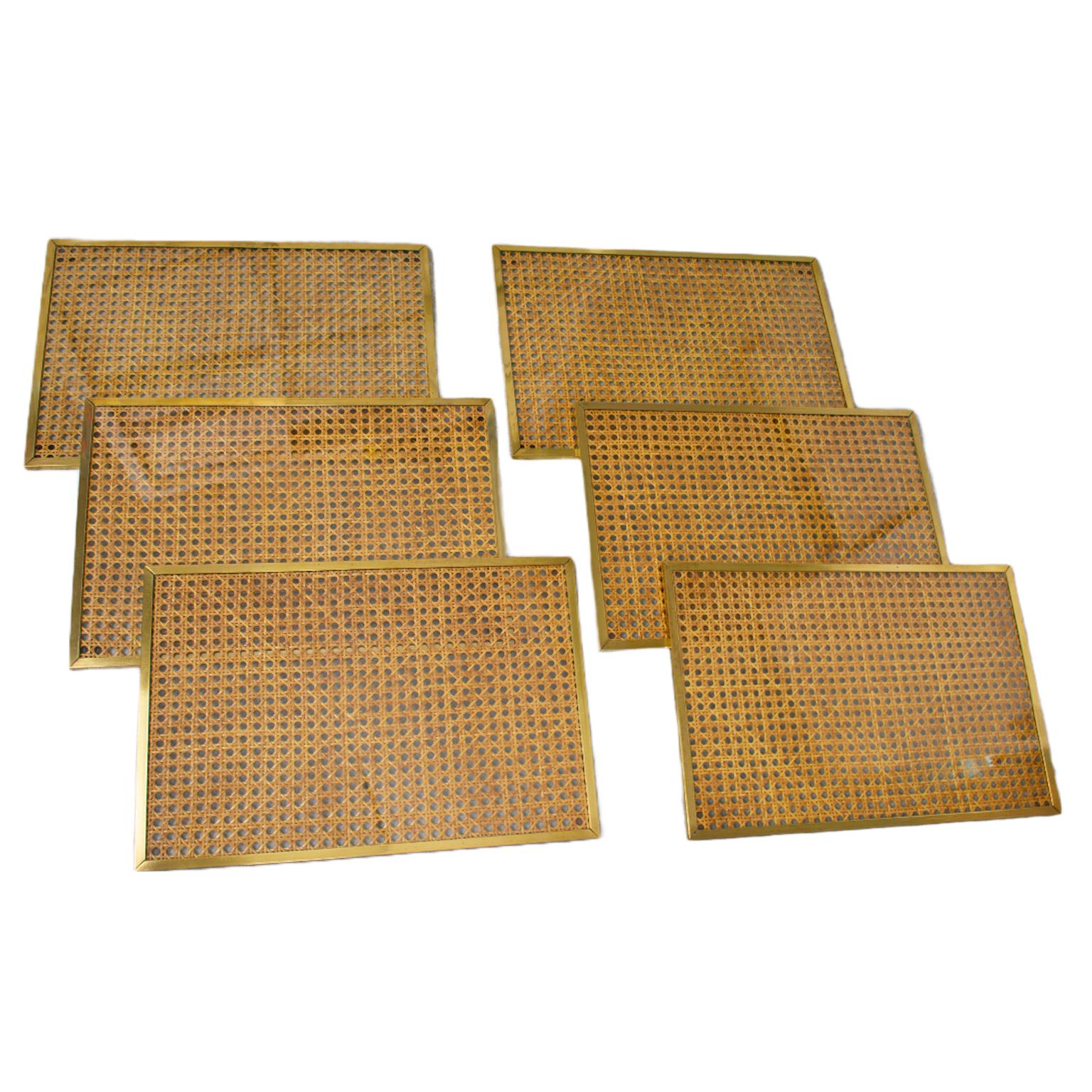 French Christian Dior Home Lucite, Rattan and Brass 6 Placemats or Chargers Set For Sale
