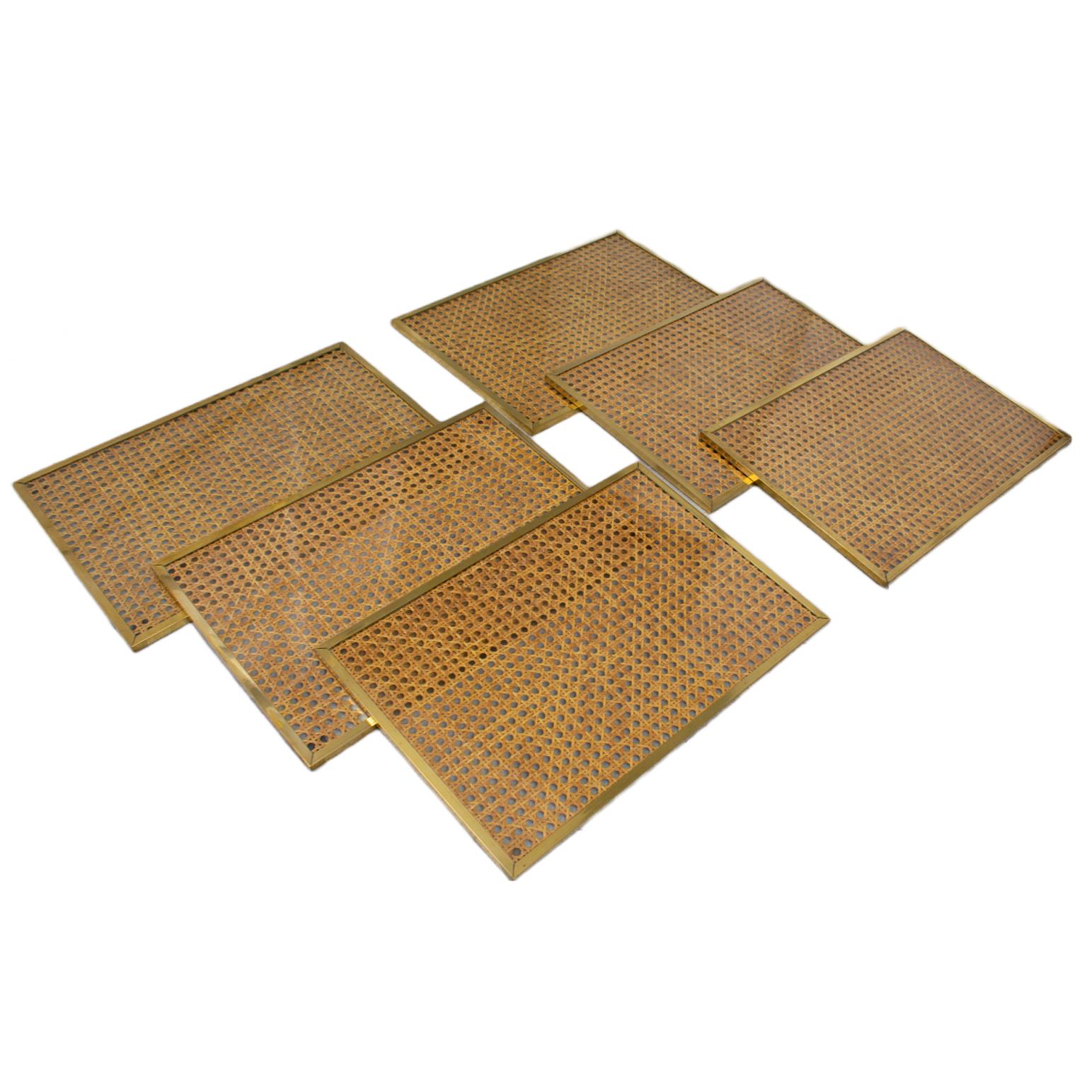 French Christian Dior Home Lucite, Rattan and Brass 6 Placemats or Chargers Set For Sale