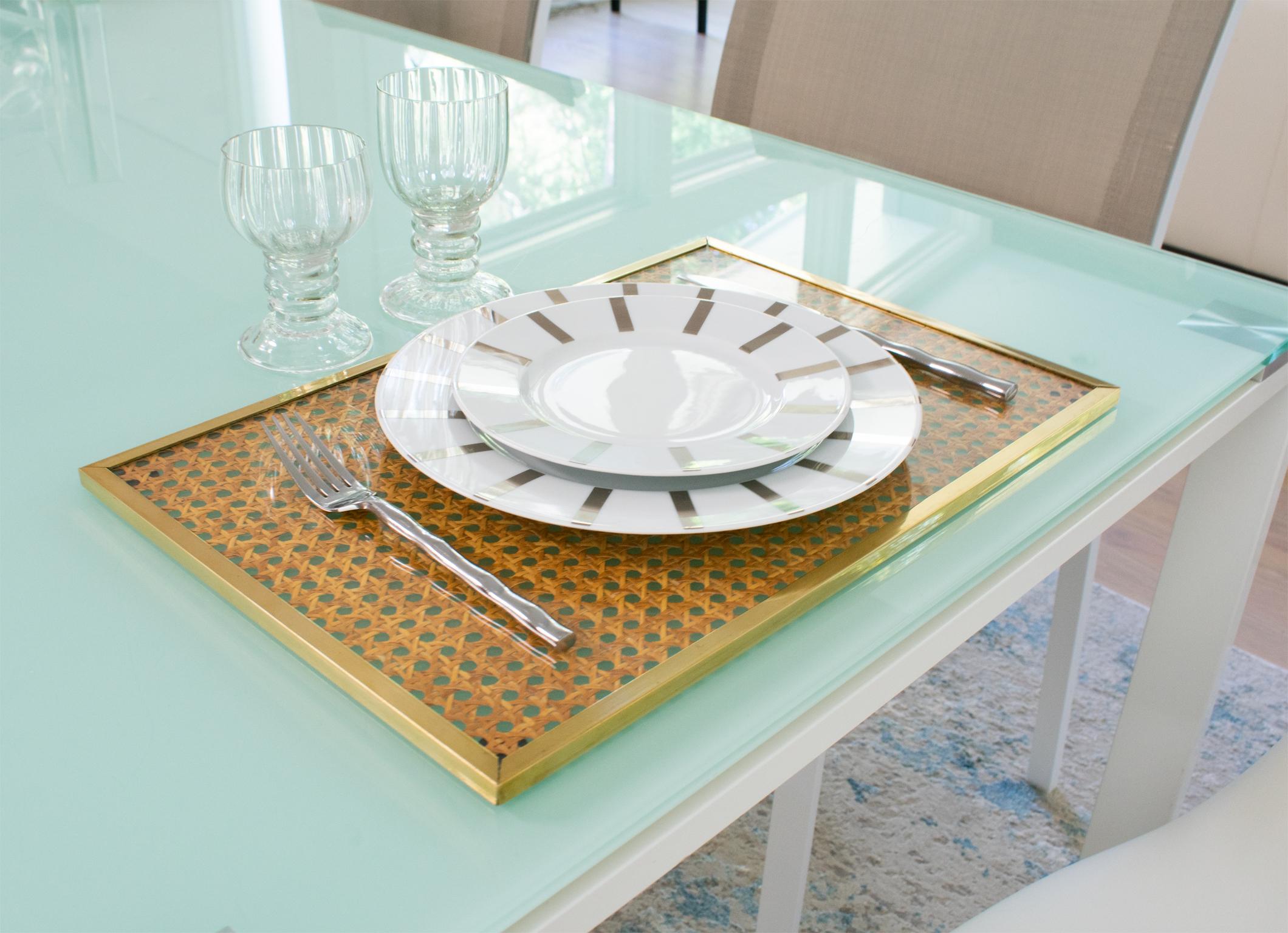 Metal Christian Dior Home Lucite, Rattan and Brass 6 Placemats or Chargers Set For Sale